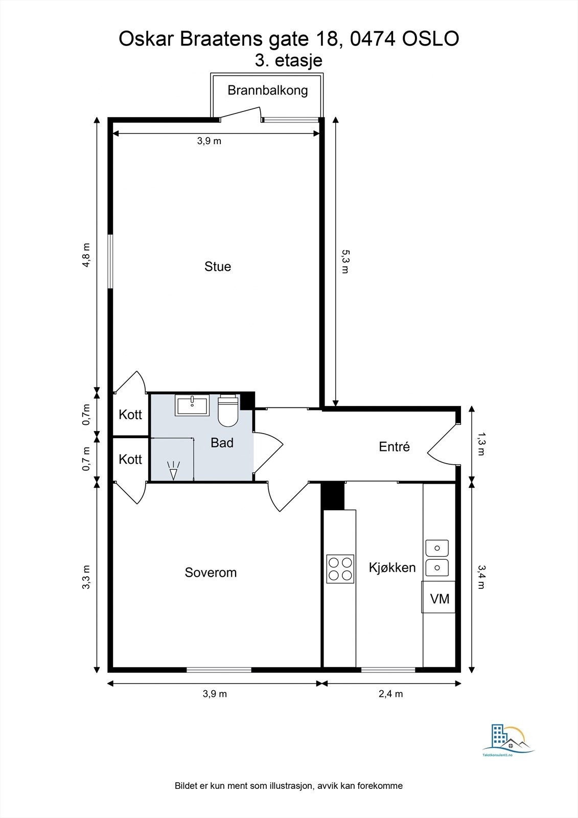 Plantegningen viser en arealeffektiv 2-roms leilighet på 52 m² med separat kjøkken. Galleribilde
