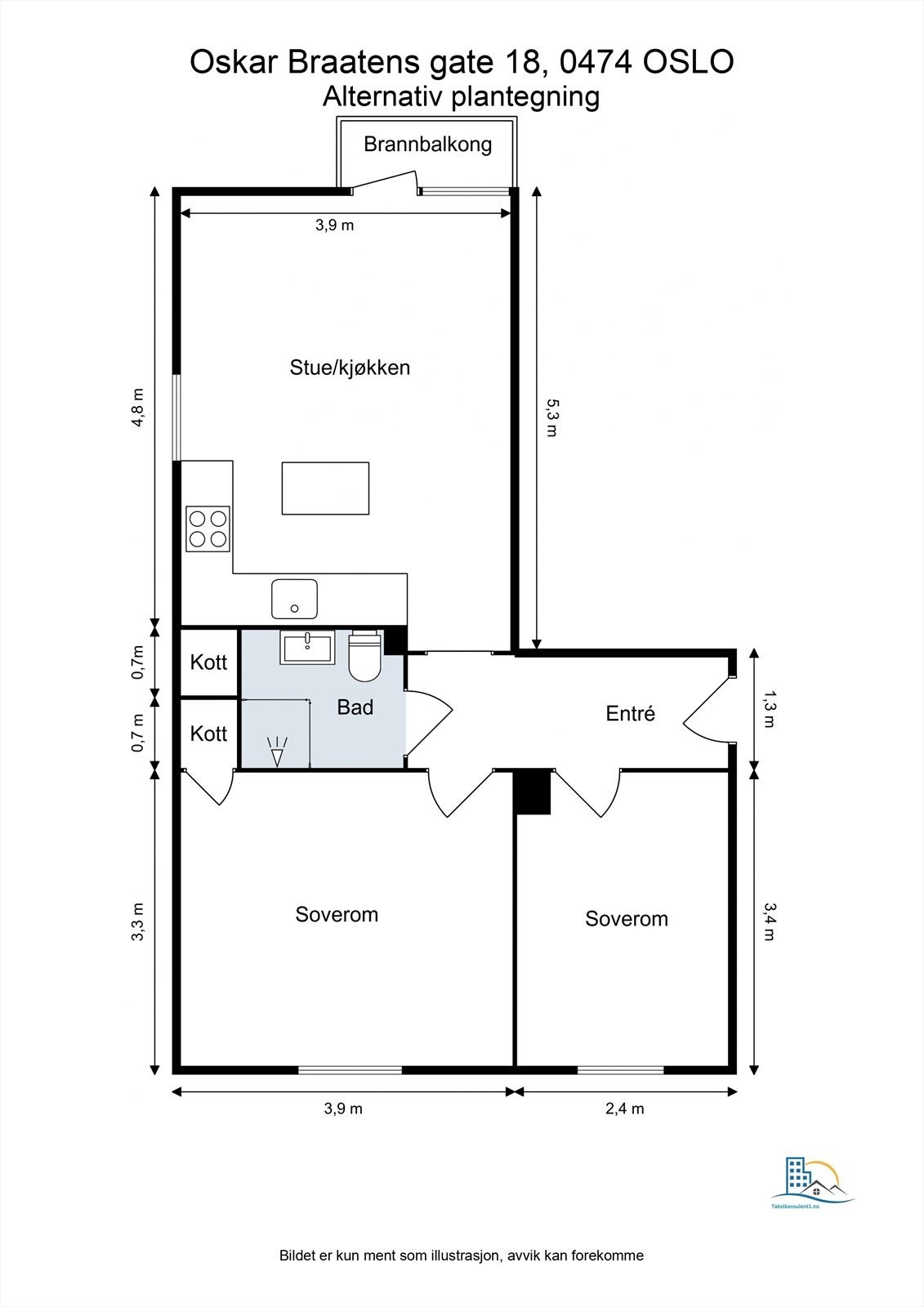 Den fleksible planløsningen gir mulighet for å etablere et ekstra soverom ved å flytte kjøkkenet. Galleribilde