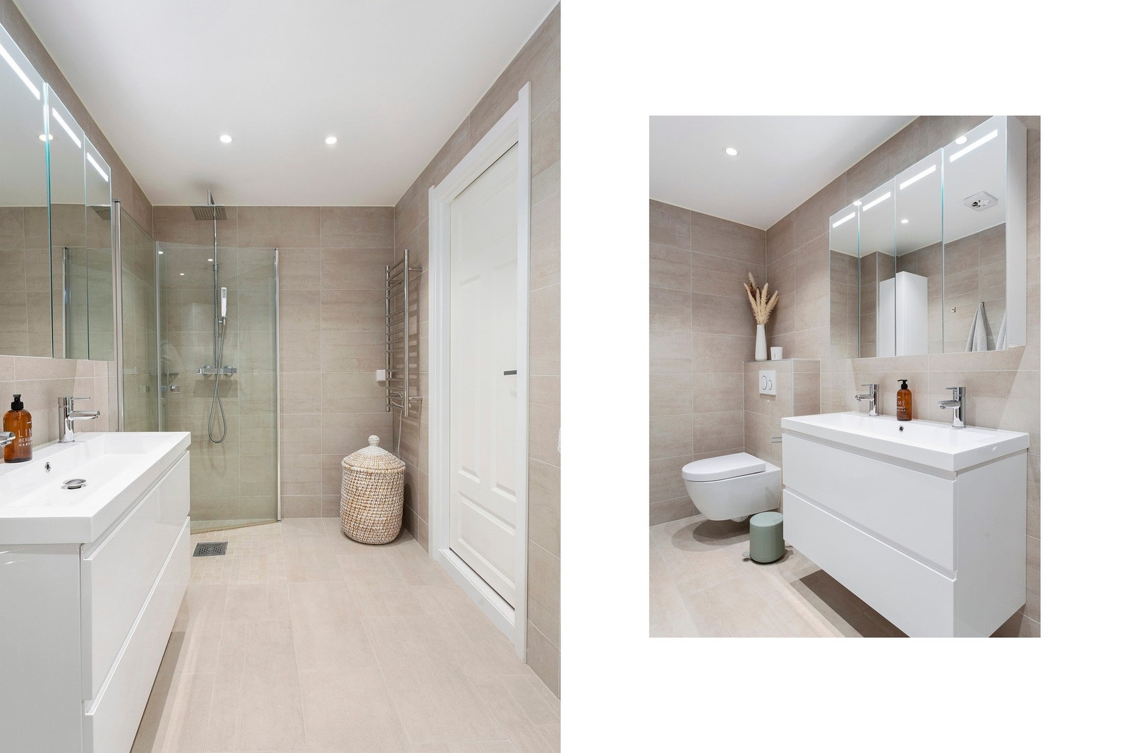 Badet flislagt og har vegghengt toalett, samt dusjhjørne med innfellbare dusjdører. Blandebatteri med regnfallsdusj og separat hånddusj. Stor baderomsinnredning med doble ettgrepsblandebatteri. Speilskap med LED- belysning. Galleribilde