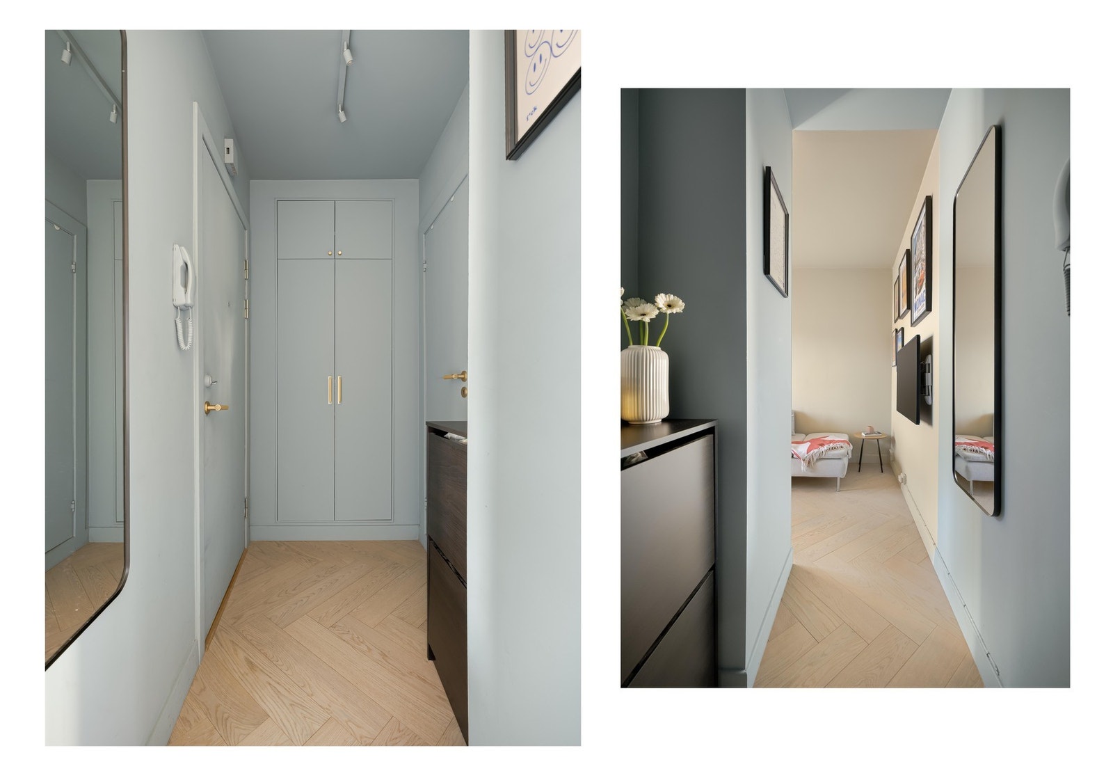 Entréen er skikkelig blå og fresh, med en stor, integrert garderobeløsning. Døren til høyre tar deg inn til baderommet. I borettslaget er det calling-system som en kobler opp mot telefon. Galleribilde