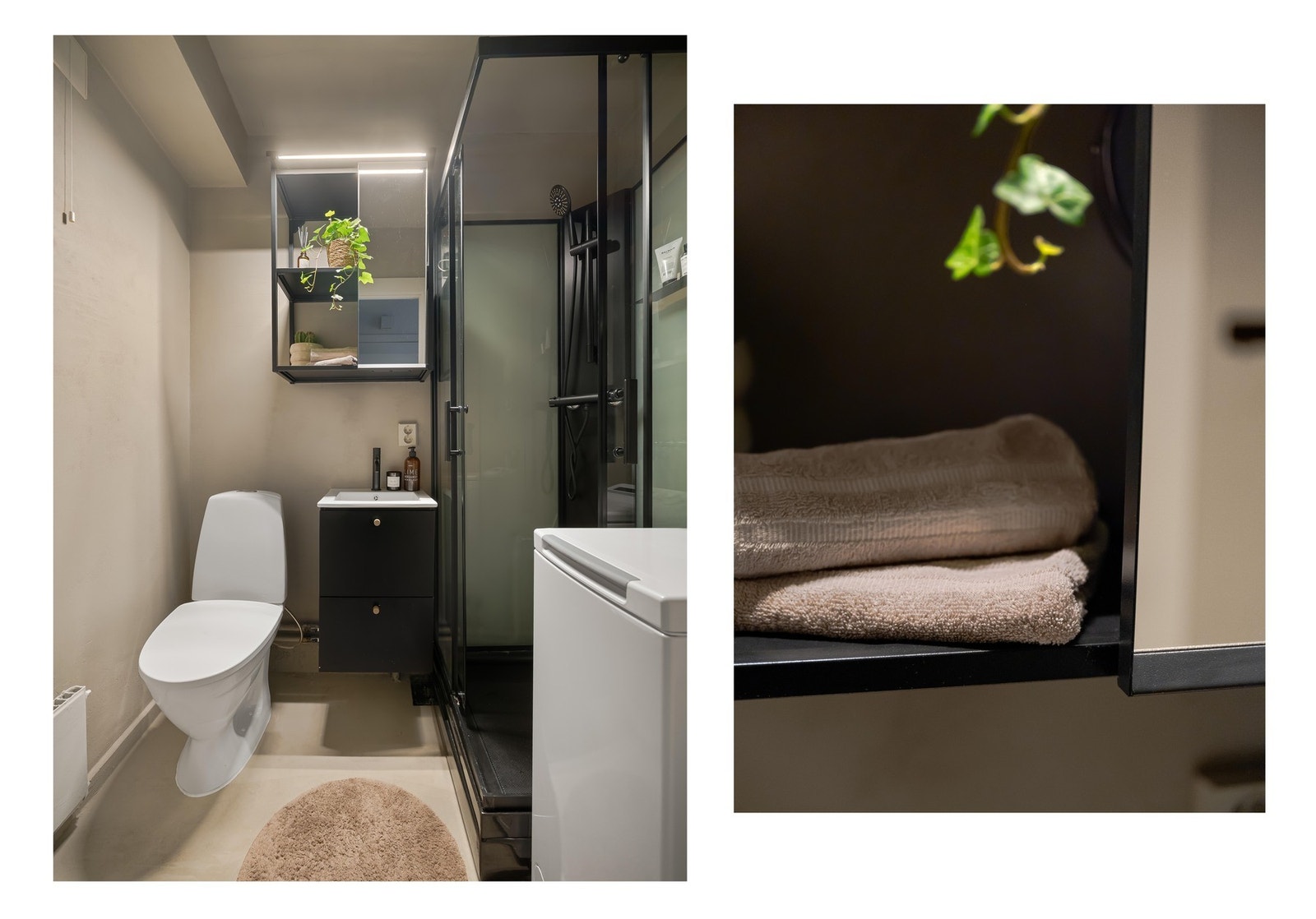 Og baderommet er utstyrt med alt du måtte trenge. Innredning i sorte detaljer og egen vaskemaskin! Galleribilde