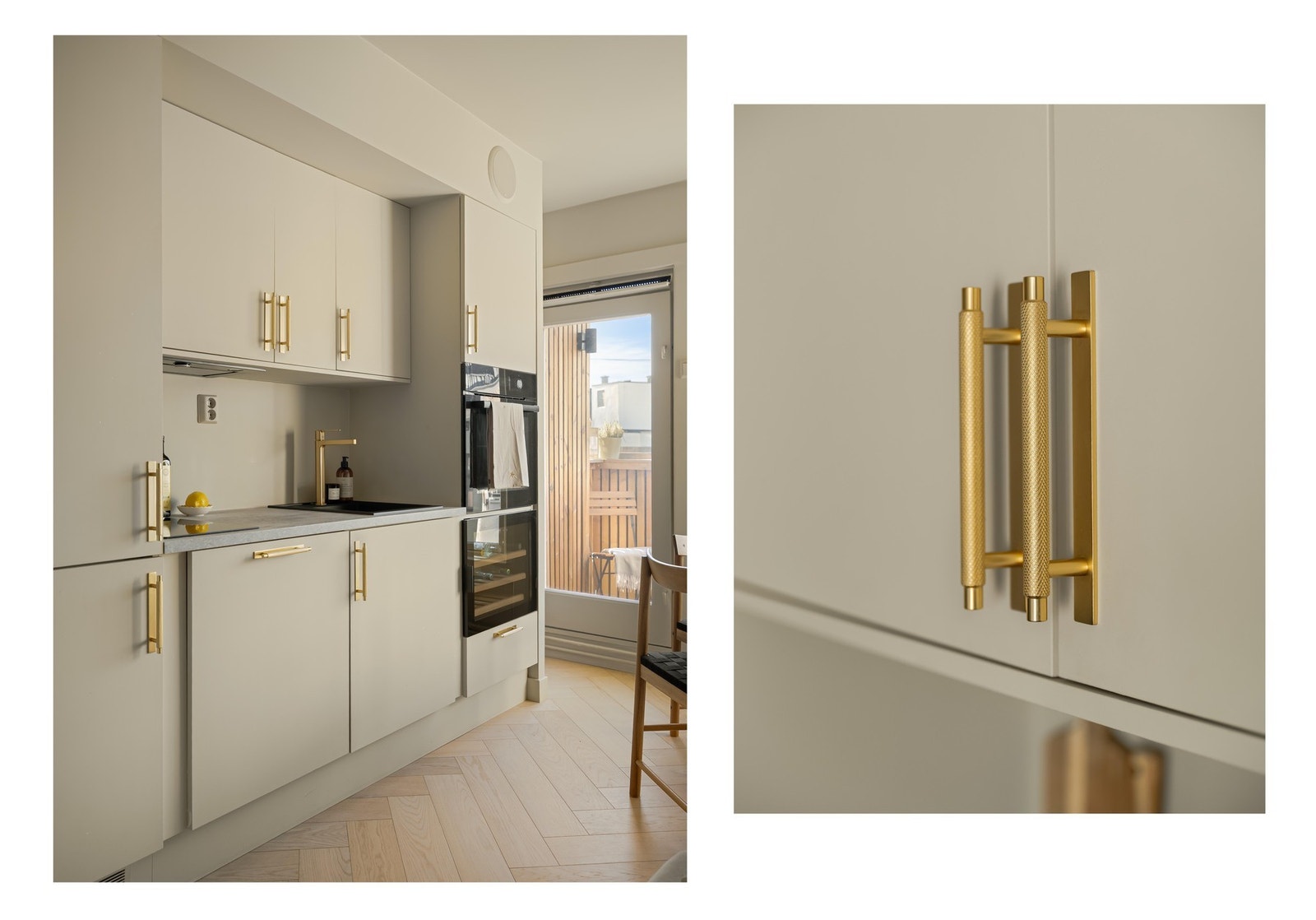 Lekre detaljer, og integrerte høytalere finner du over kjøkkeninnredningen. Siste hånd på verket er at leiligheten ble malt opp i desember 2025. Galleribilde