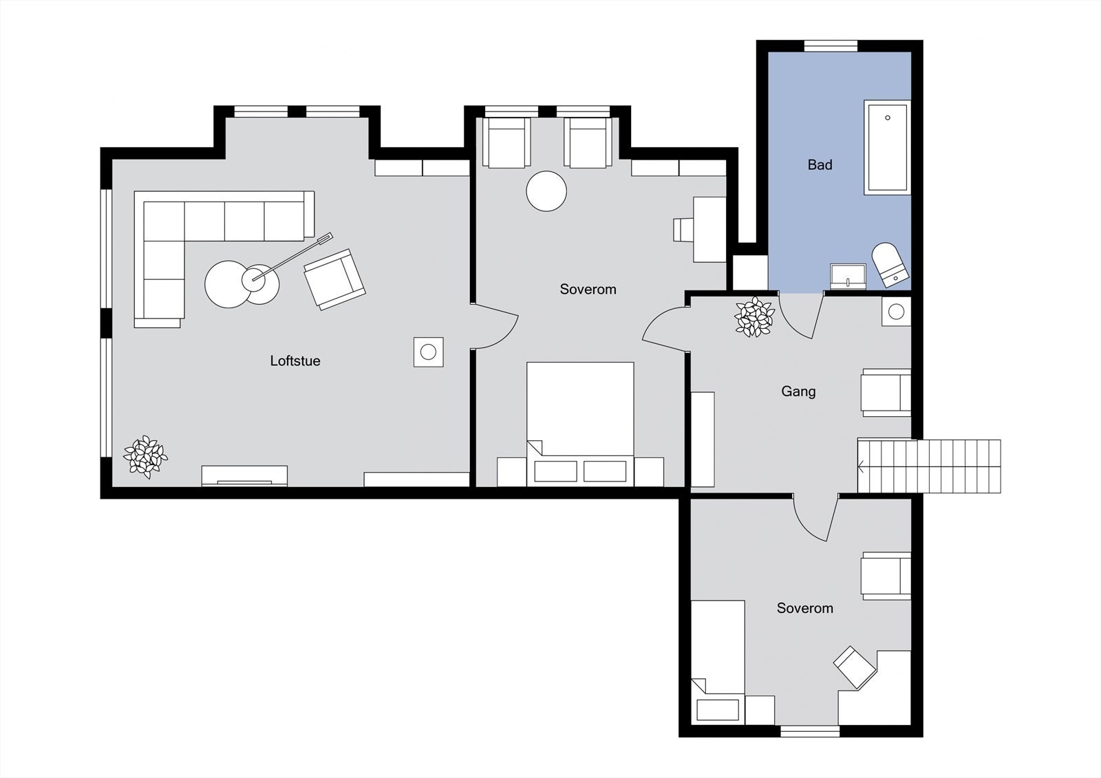 Plantegning loftsetasje. Det gjøres oppmerksom at innredningen i denne etasjen ikke er byggemeldt. Rommene er ikke godkjent for varig opphold. Galleribilde