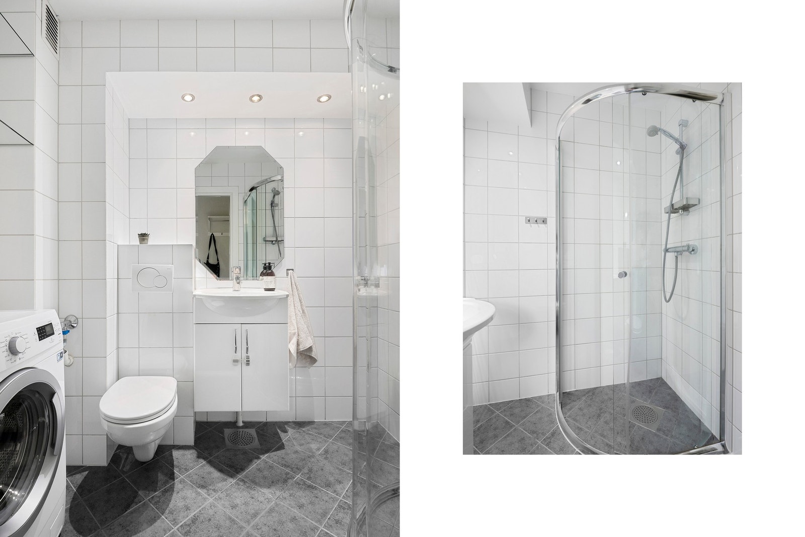Flislagt bad med god plass til vaskemaskin Galleribilde