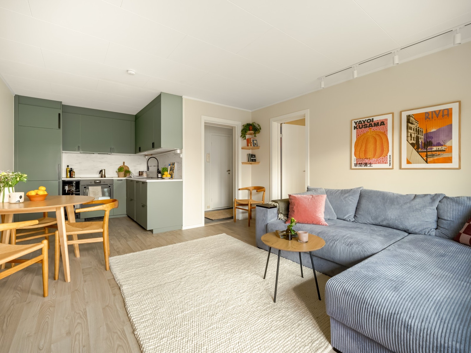 Kjøleskap og fryser, vinskap, oppvaskmaskin og stekeovn er integrert i innredningen og medfølger. Galleribilde