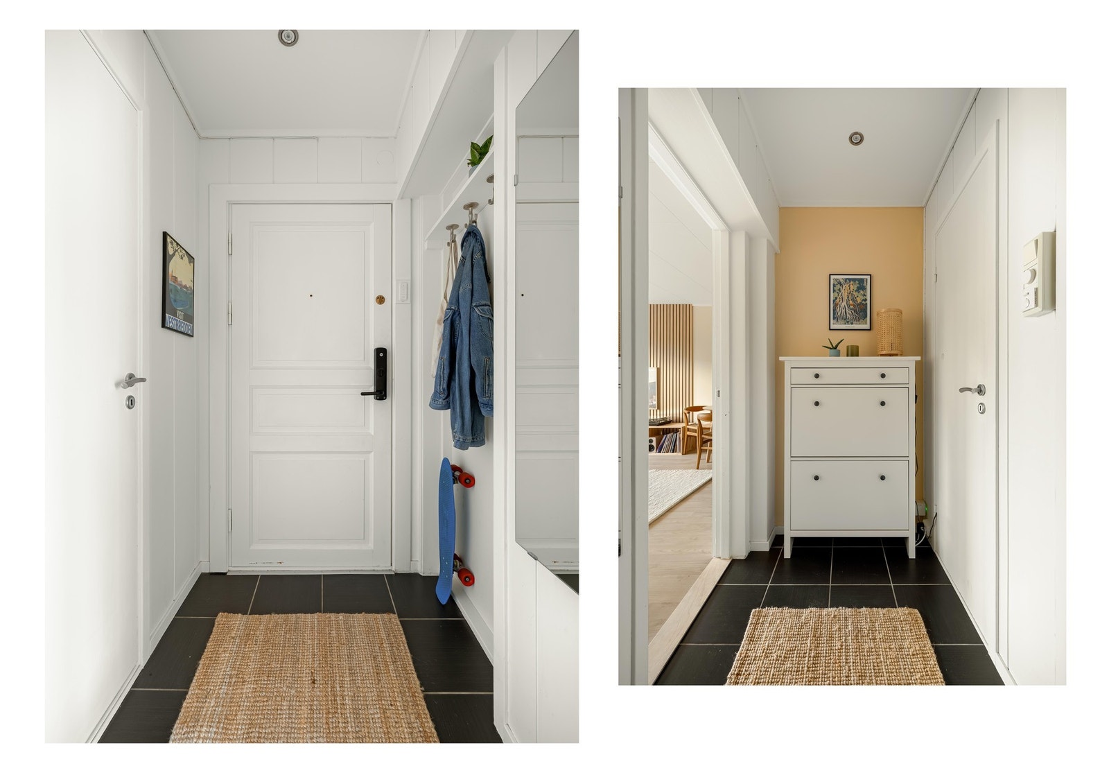 Inngangsdøra har kodelås, og døra til selve oppgangen styres via Defigo (app). Enkelt å slippe inn gjester! Galleribilde