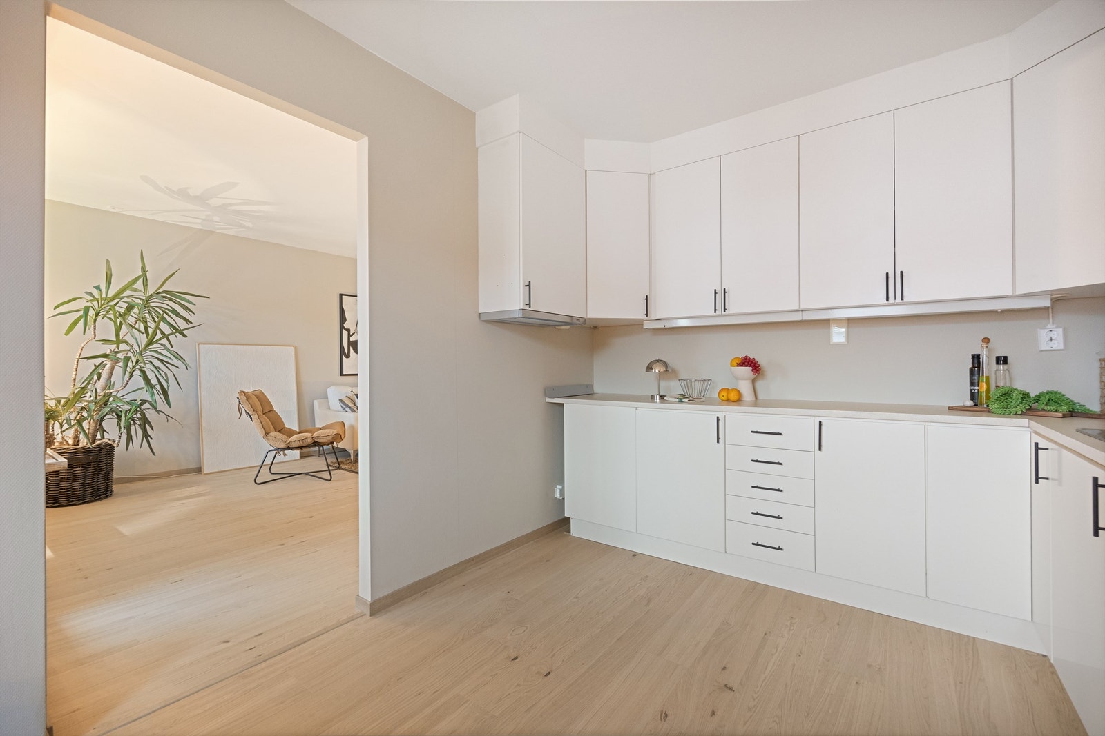 Kjøkkenet er praktisk plassert vegg i vegg med stuen Galleribilde