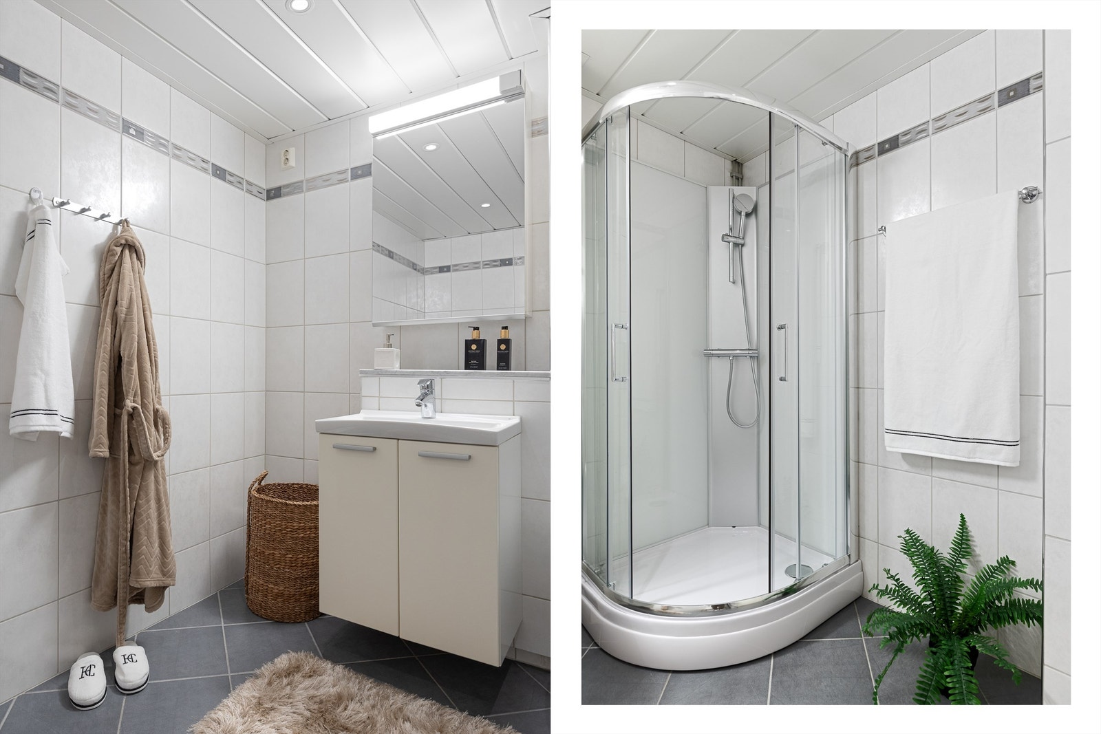 Praktisk innredet bad med nytt dusjkabinett. Plass til vaskemaskin og tørketrommel i søyle til venstre for servantskap Galleribilde