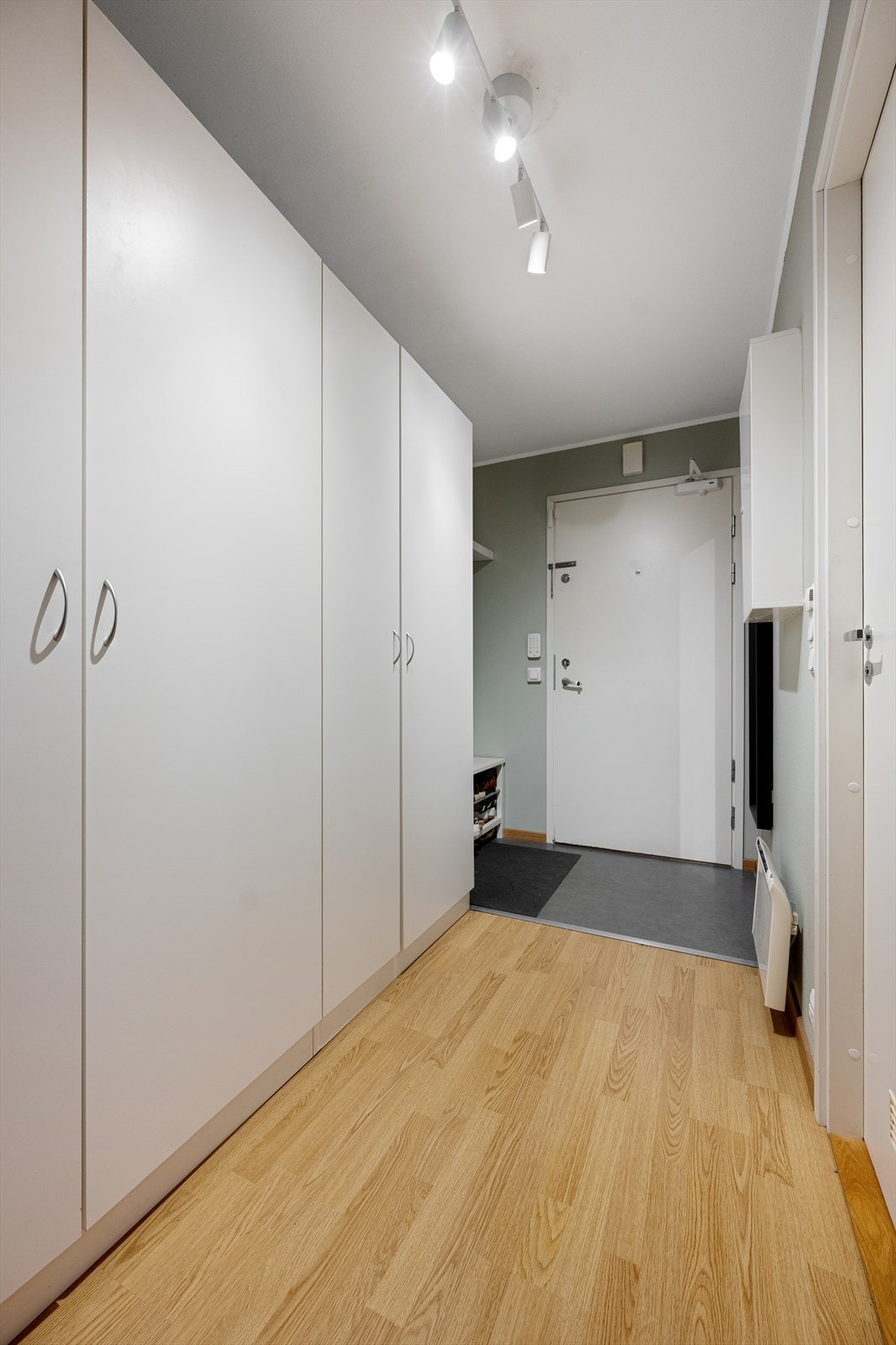 Velkommen inn! Det er satt opp flere garderobeskap i gangen for praktisk oppbevaring og oppheng av yttertøy. Galleribilde