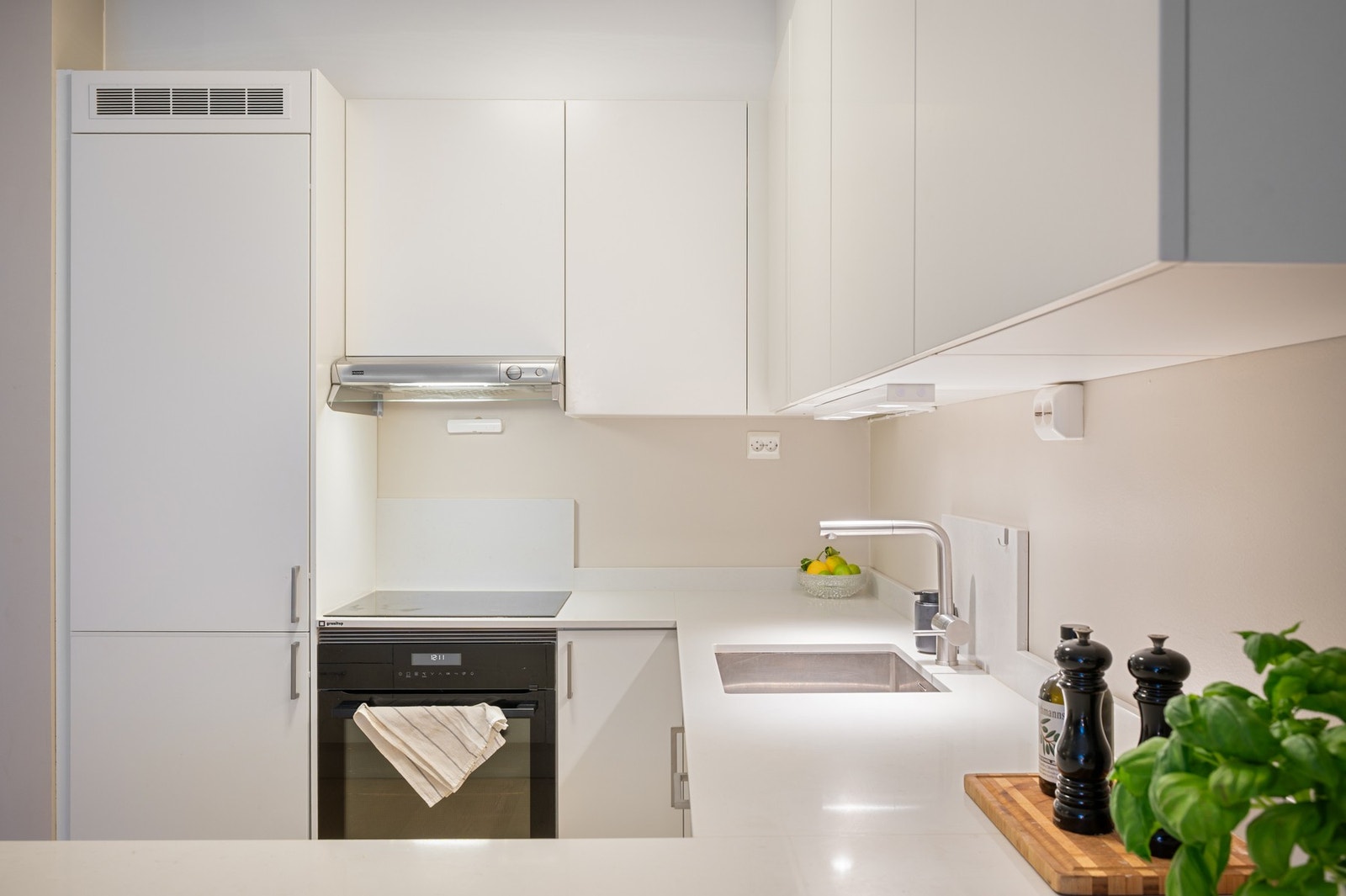 Utstyrt med oppvaskmaskin, induksjonstopp, stekeovn, vannstoppsystem og komfyrvakt, samt kjøl-/fryseskap. Galleribilde