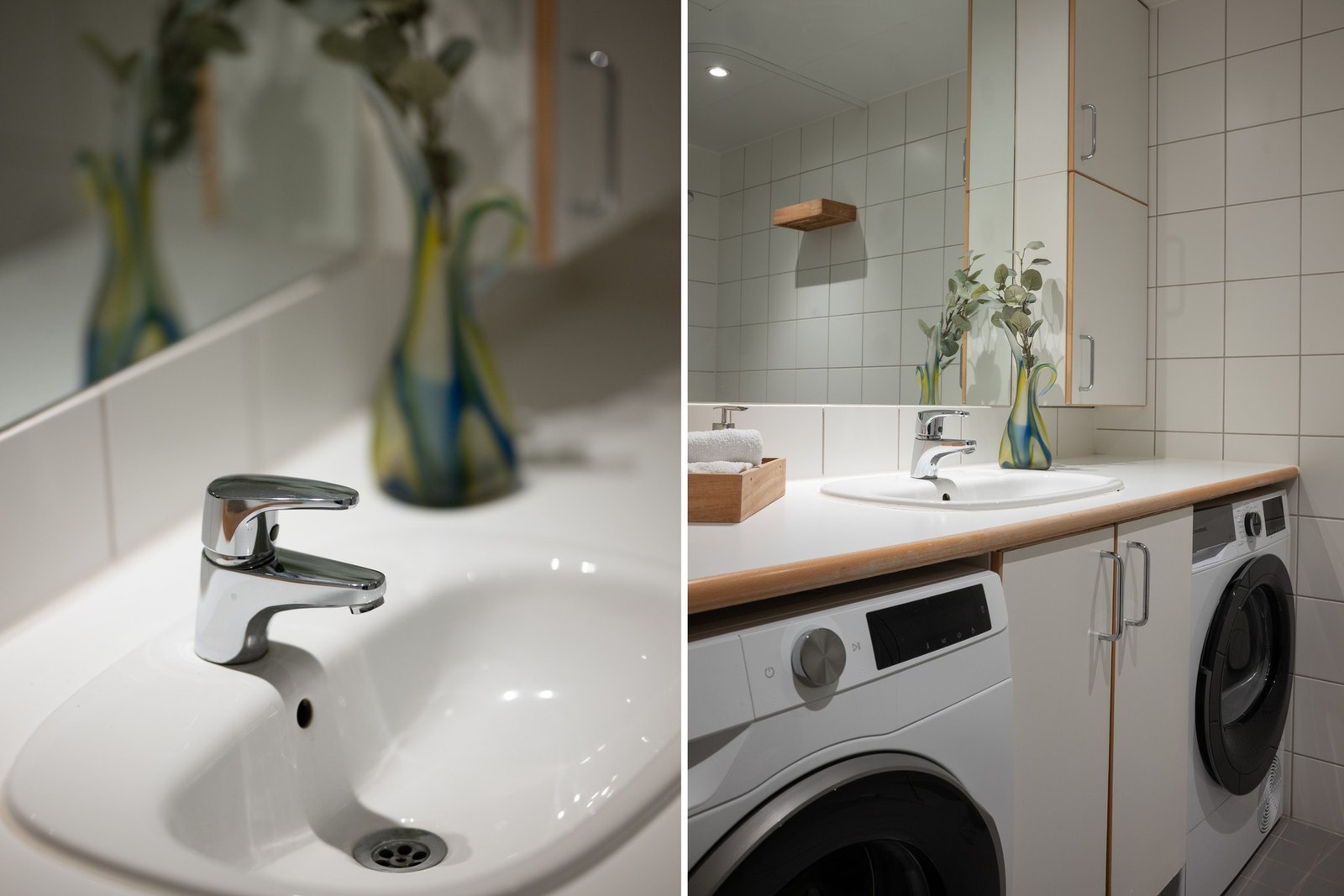 Servantinnredning med glatte, folierte fronter, laminat benkeplate og speil over servant. Galleribilde