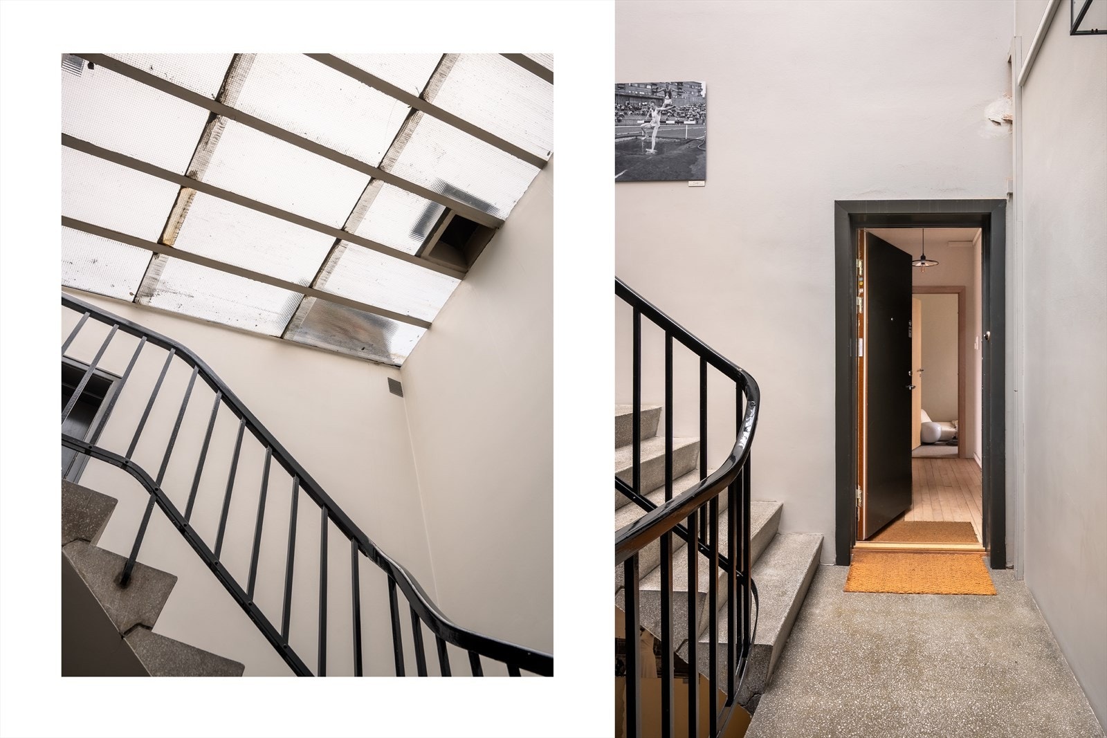 Felles trappeoppgang. Du finner to store loftboder kun én trapp opp. I tillegg disponerer leiligheten en kjellerbod. Galleribilde