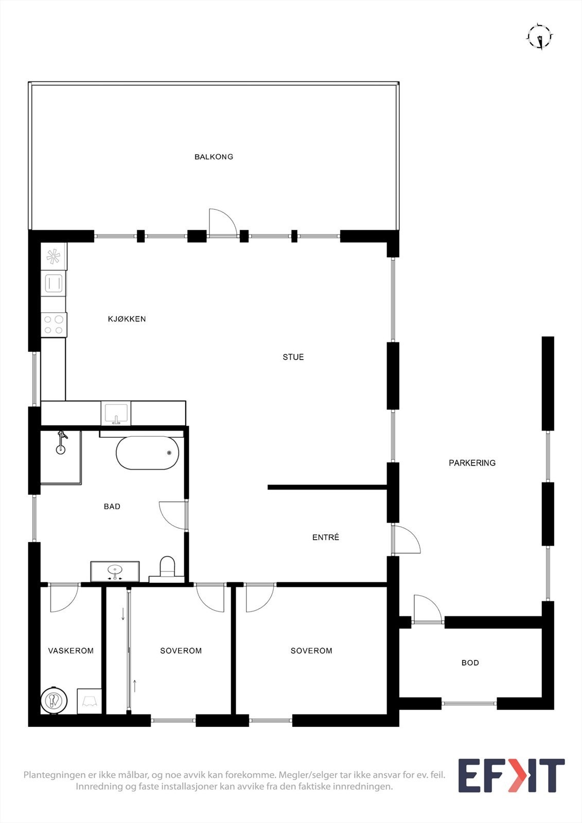 Plantegningen viser en praktisk og god planløsning med alt på ett plan. Galleribilde