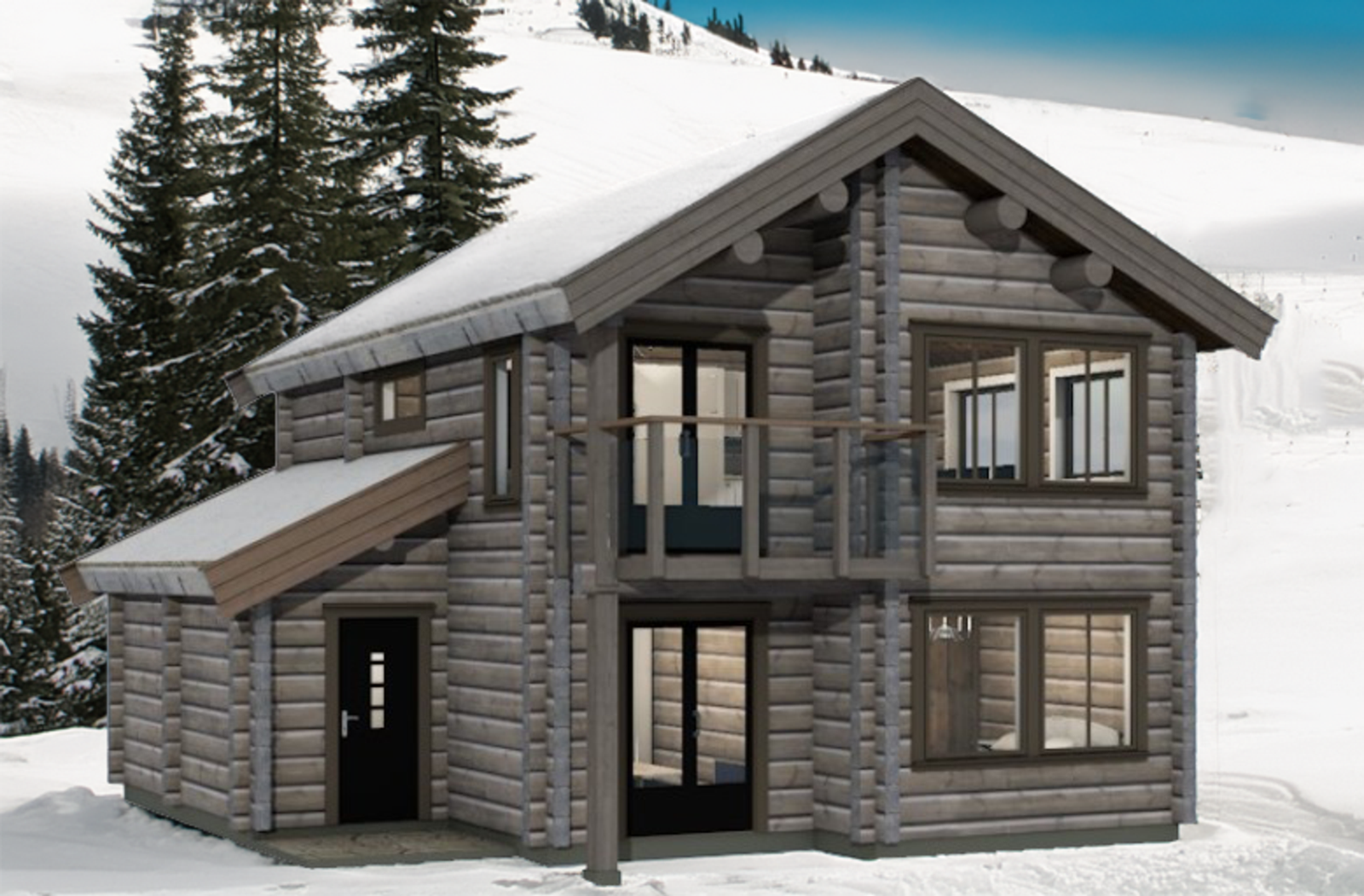 Ilustrasjon eksteriør av hyttemodellen Duplex Uno som er priset i annonsen Galleribilde