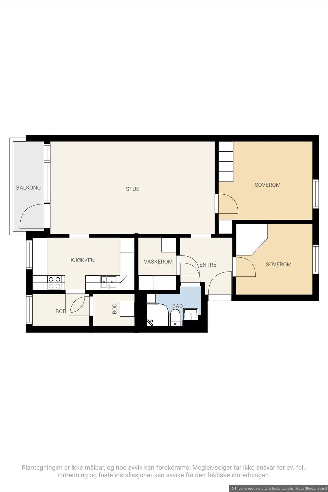 Veiledende planskisse. Leiligheten disponerer også to kjellerboder. Galleribilde