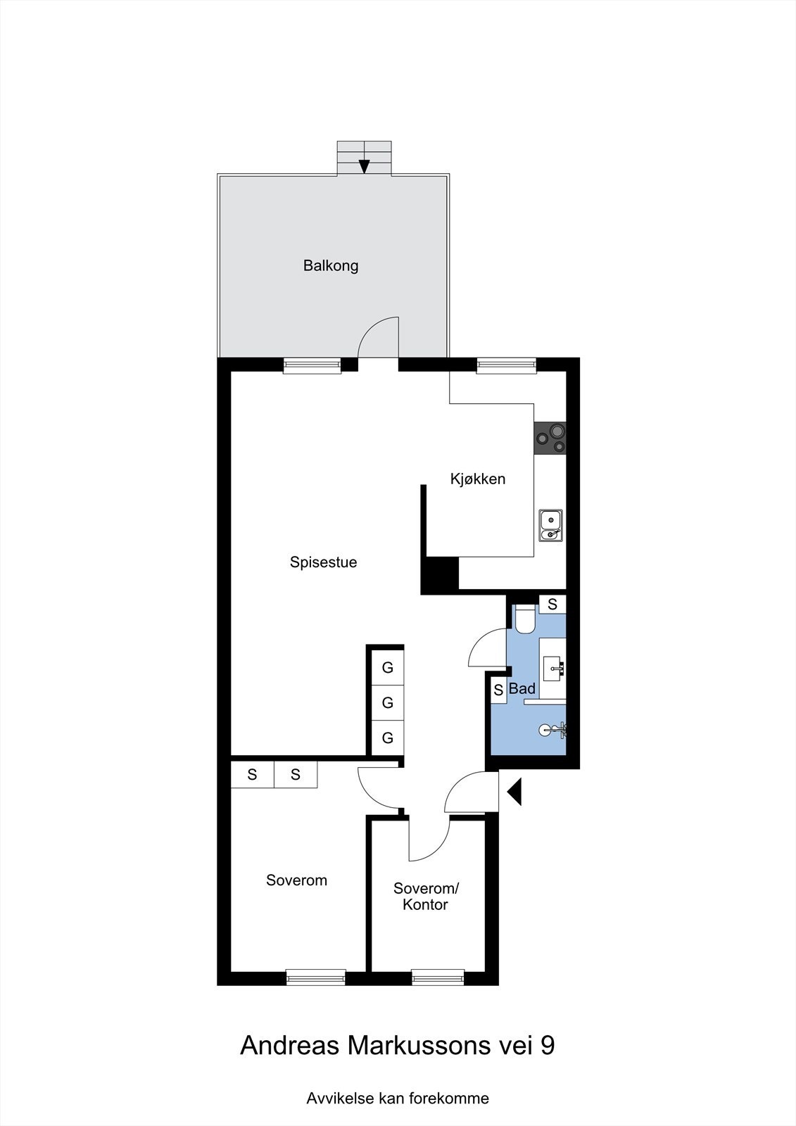 Planskisse av leiligheten. Leiligheten disponerer i tillegg to egne boder i kjeller, samt noe areal på loft. Galleribilde