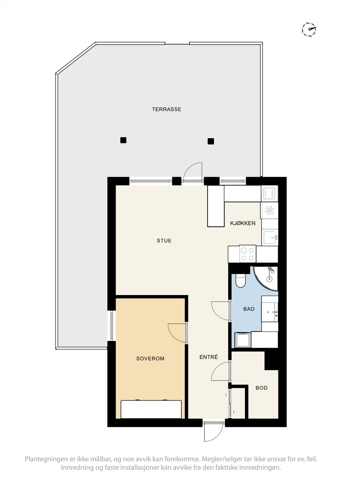 Plantegningen viser en praktisk planløsning med stue, kjøkken, bad og soverom, samt utgang til en romslig terrasse. Galleribilde