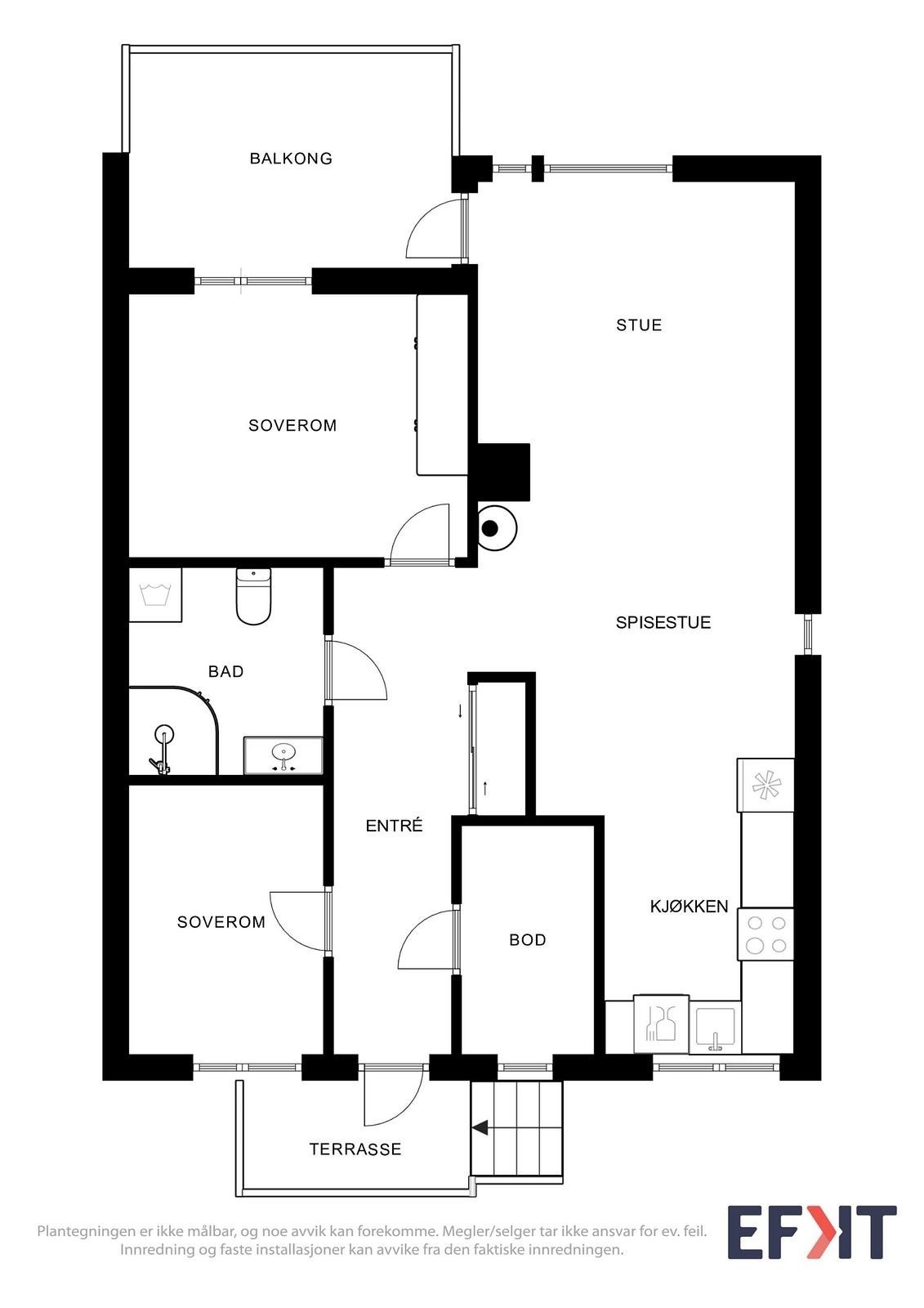Arealeffektiv planløsning med entré, to soverom, bad, bod og stue med åpent kjøkken. Galleribilde