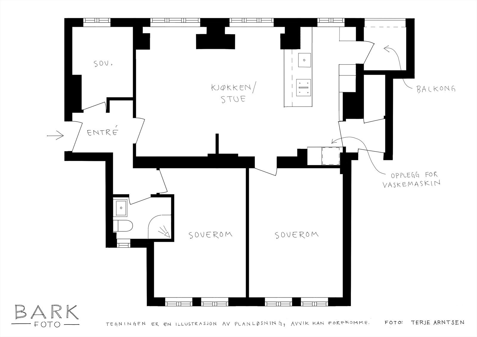 Alternativ planløsning. Dersom vist planløsning er avgjørende for kjøp anbefales det å medbringe fagkyndig på visning for å vurdere om dette lar seg praktisk gjennomføre. Galleribilde