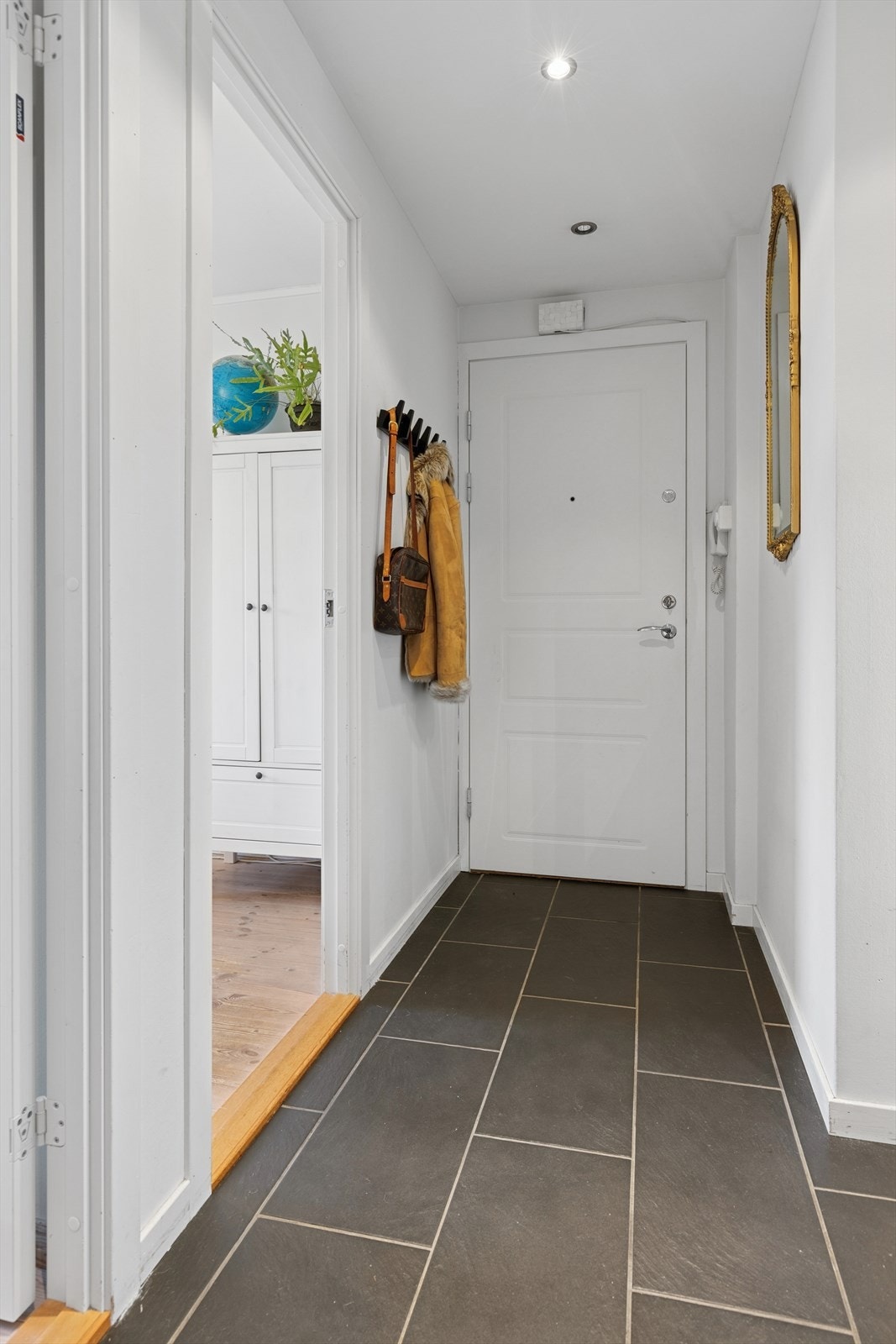 Lys entré med direkte adkomst til alle rommene i leiligheten. Galleribilde