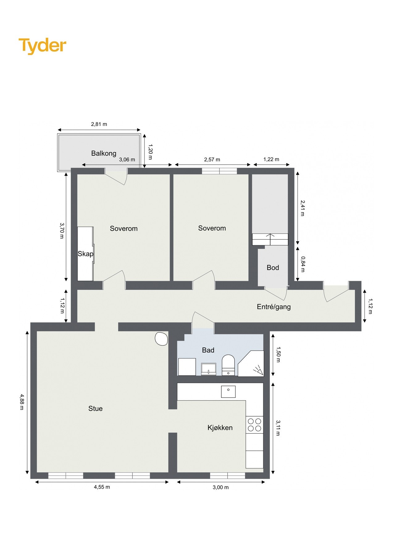 Plantegning. I tillegg disp. eier både kjellerbod og loftsbod. Galleribilde