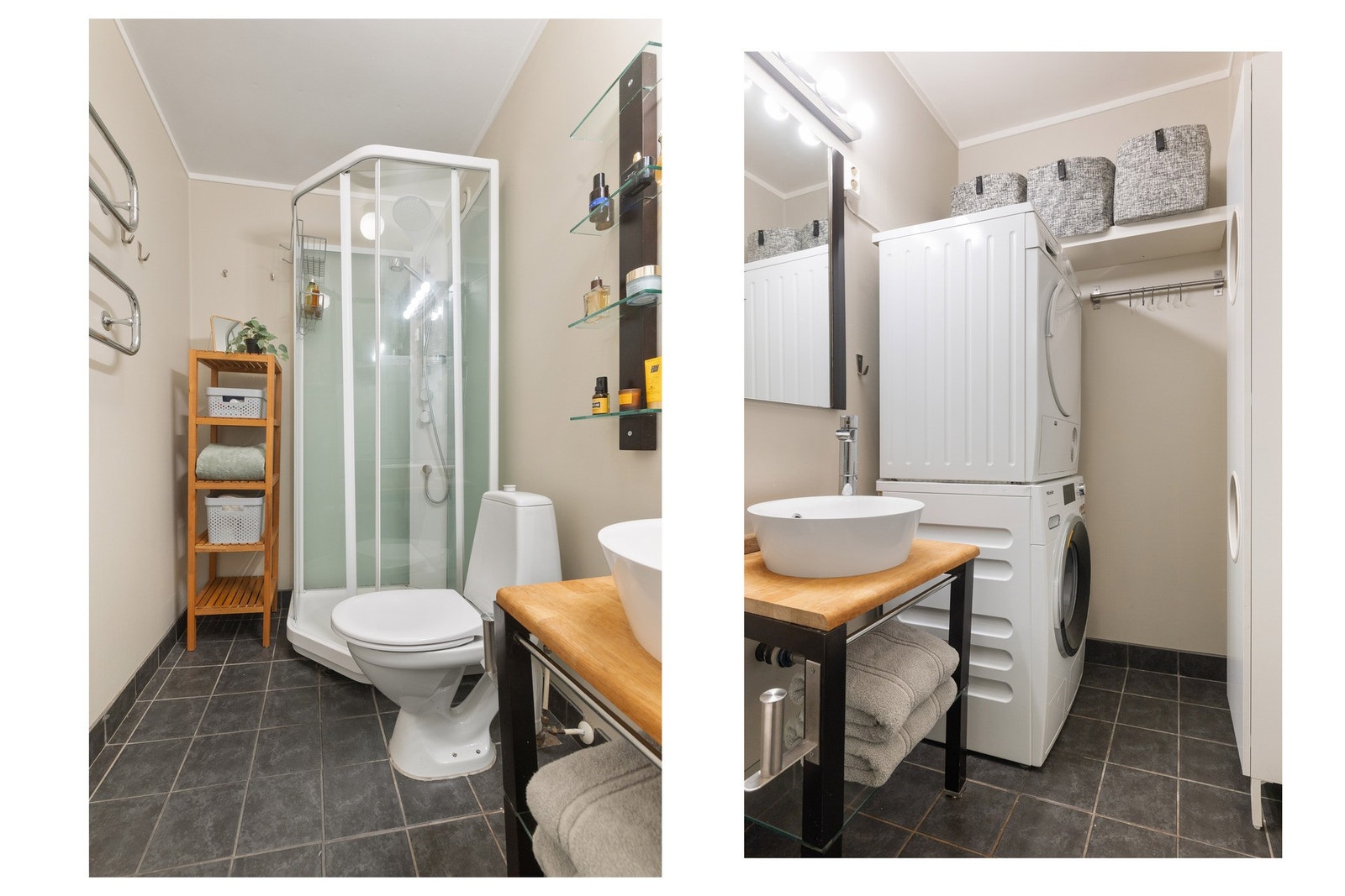 Innredet med dusjkabinett, servant og opplegg for vaskemaskin. Galleribilde