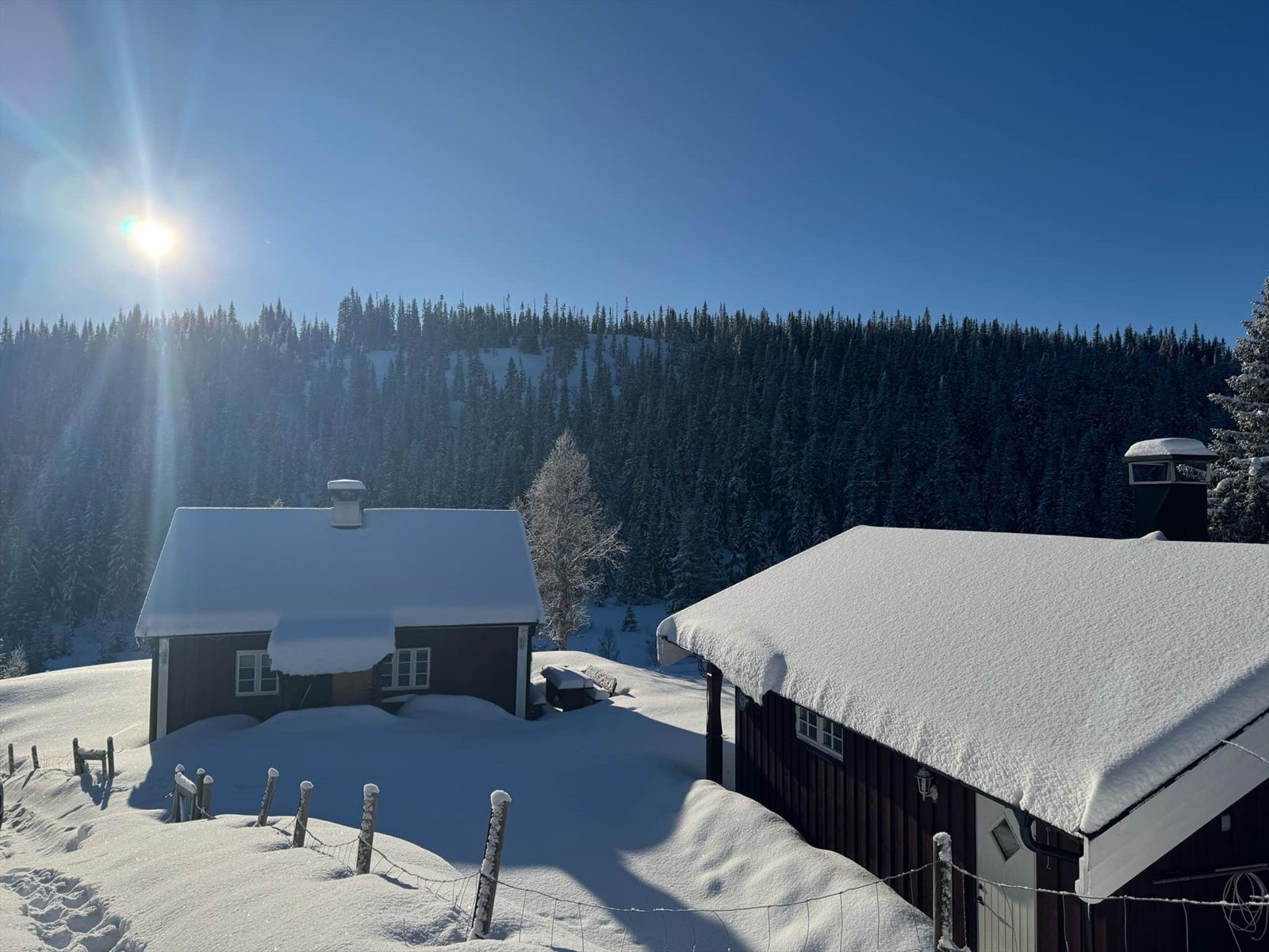 Dette koselige hyttetunet ligger åpent og solrikt til i et trivelig område med spredt støls- og hyttebebyggelse, og flott turterreng sommer som vinter. (Selgers foto) Galleribilde