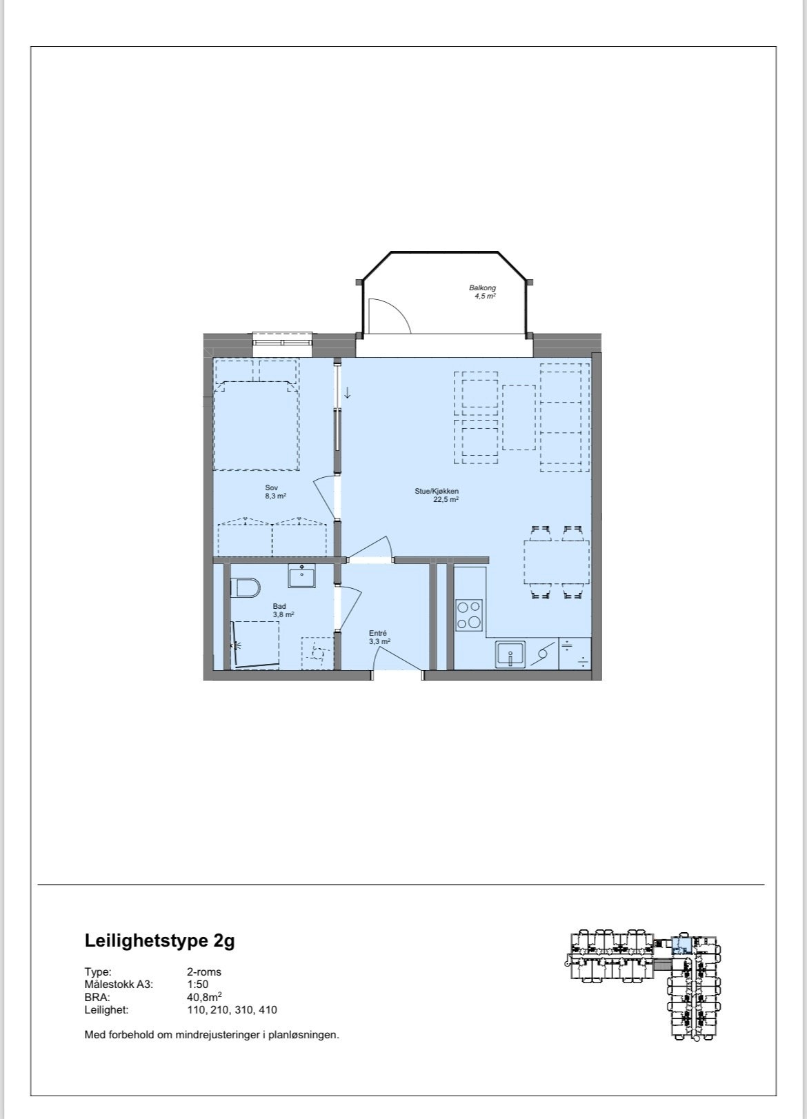 Plantegning 2G - 2 roms - 40,8 kvm. Galleribilde