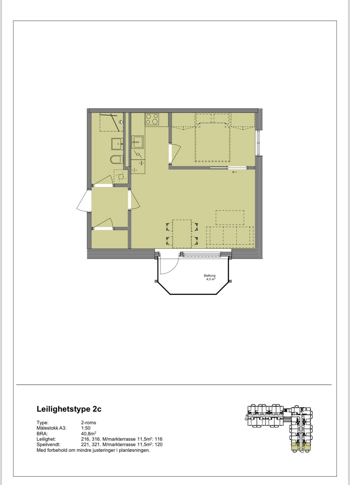 Plantegning 2C - 2 roms - 40,8 kvm. Galleribilde