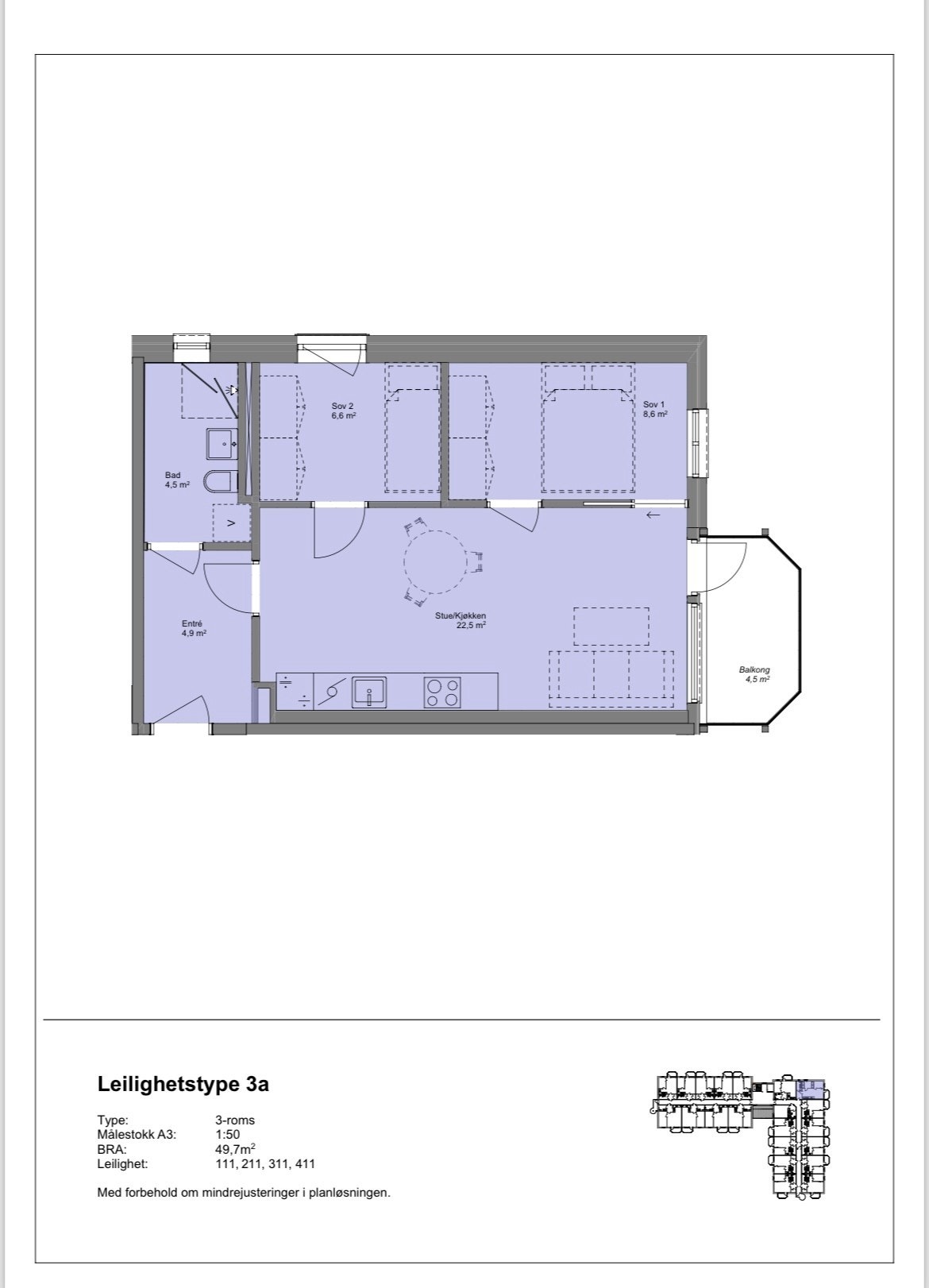 Plantegning 3A - 3 roms - 49,7 kvm. Galleribilde