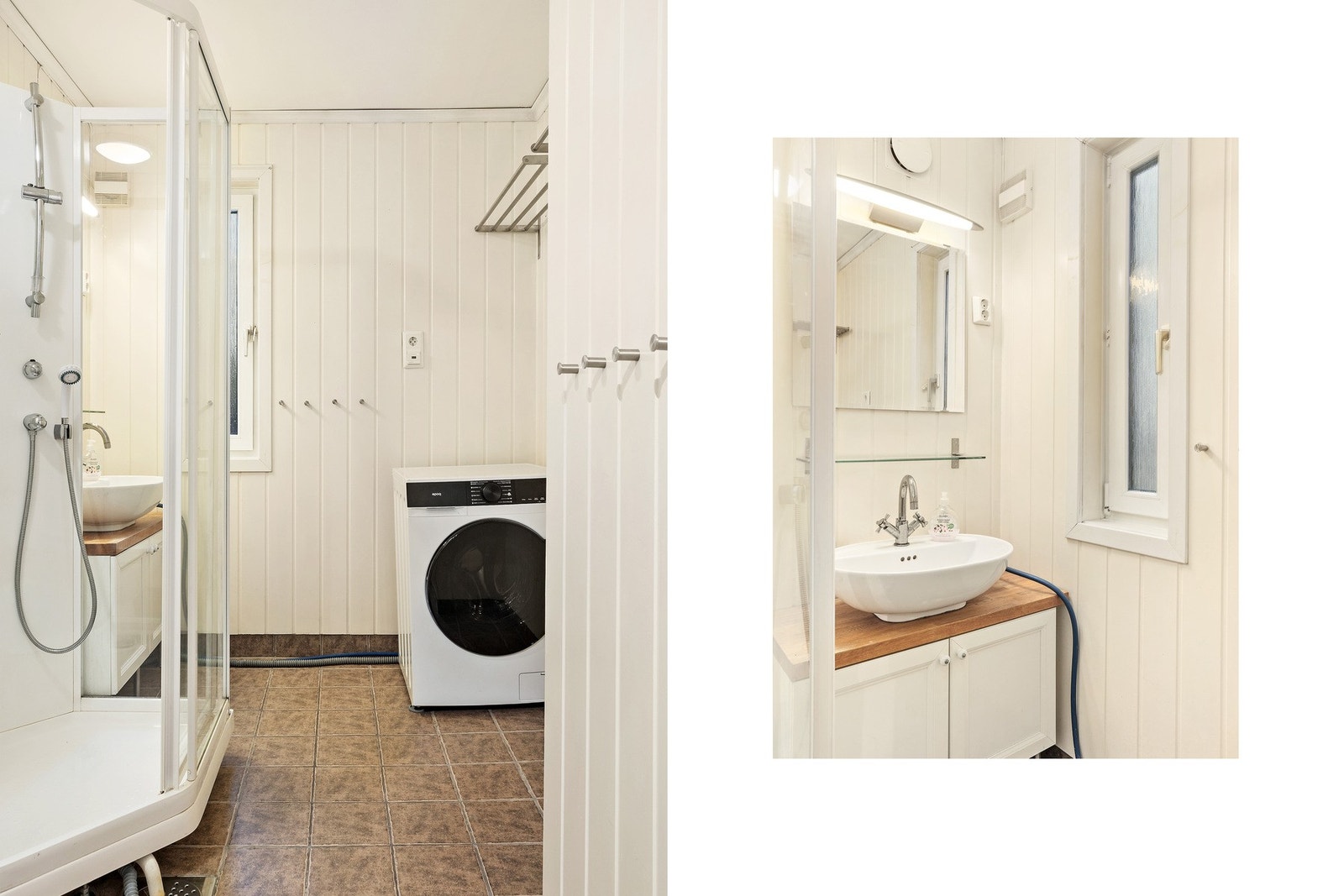 Bad oppusset i 2007. Her er det flislagt gulv med varmekabler. Opplegg til vaskemaskin. Toalett, dusjkabinett og elektrisk avtrekksvifte. Galleribilde