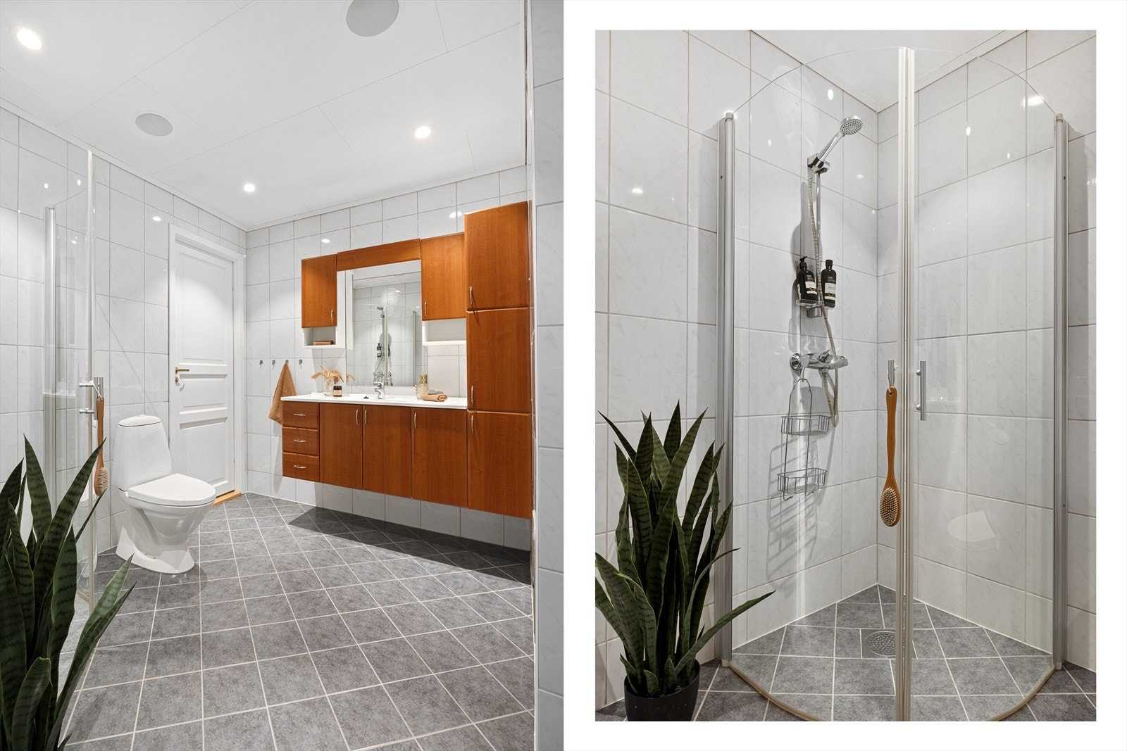 Badet er innredet med baderomsinnredning med servant, toalett og dusj. Galleribilde