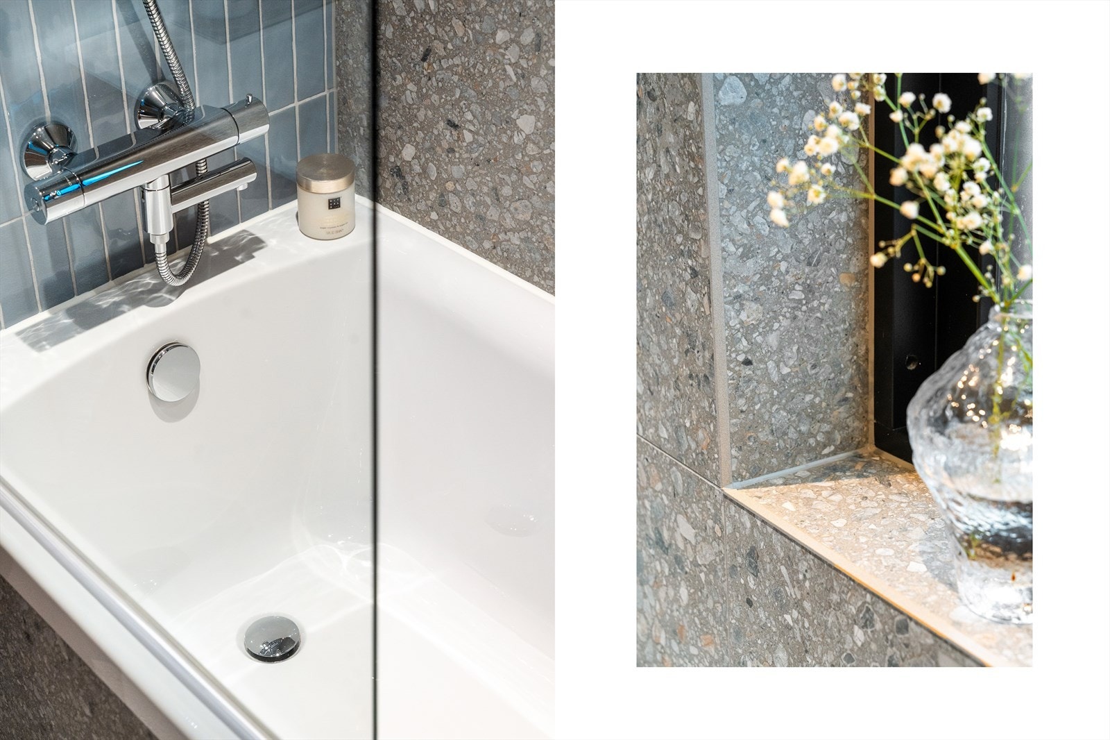 Smakfulle detaljer som flislagt vinduskarm og innfliset badekar Galleribilde