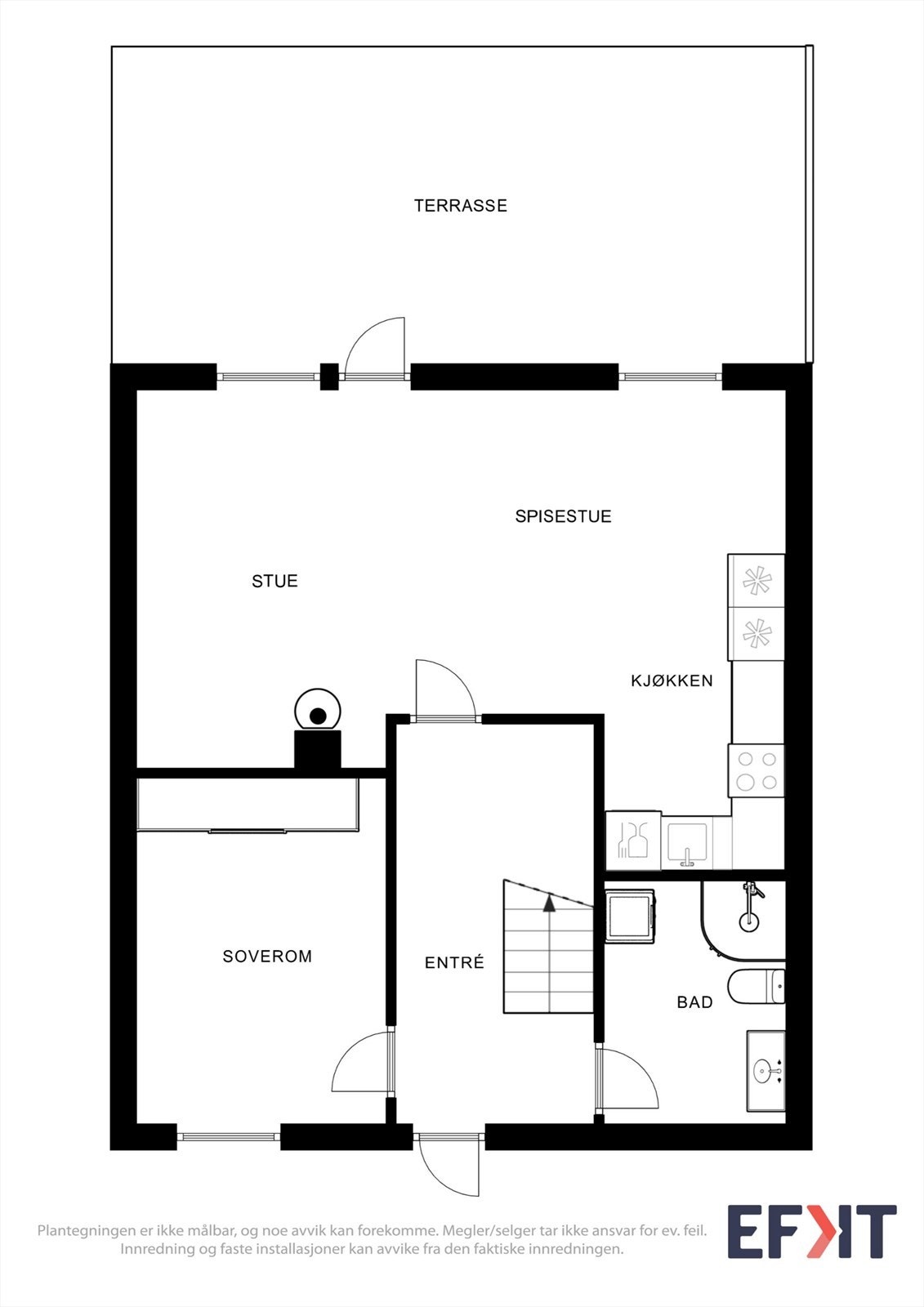 Plantegningen for første etasje viser en arealeffektiv løsning med stue, kjøkken, bad og ett soverom. Galleribilde