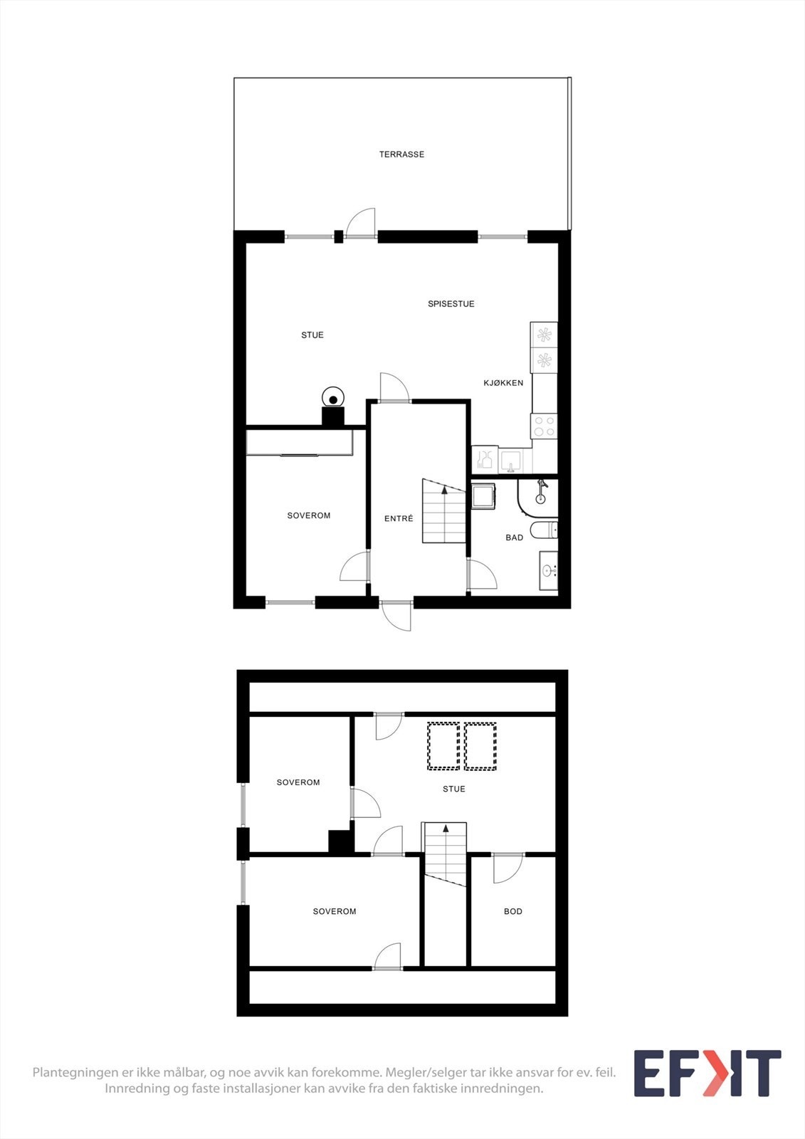 Plantegningen gir en god oversikt over boligens to plan og totalt tre soverom. Galleribilde
