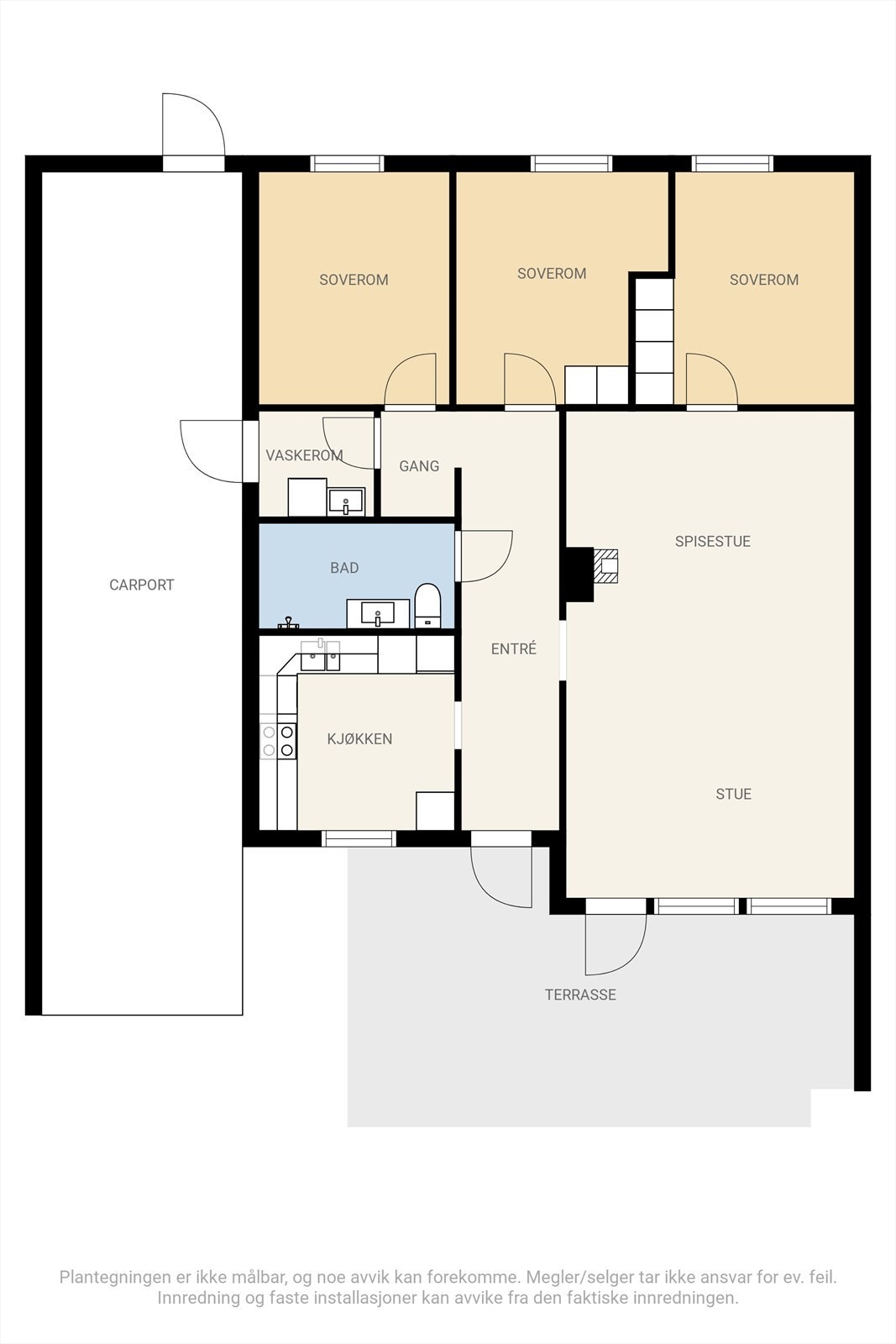 Plantegning av boligen. Det er en praktisk planløsning med alt på en flate. Galleribilde