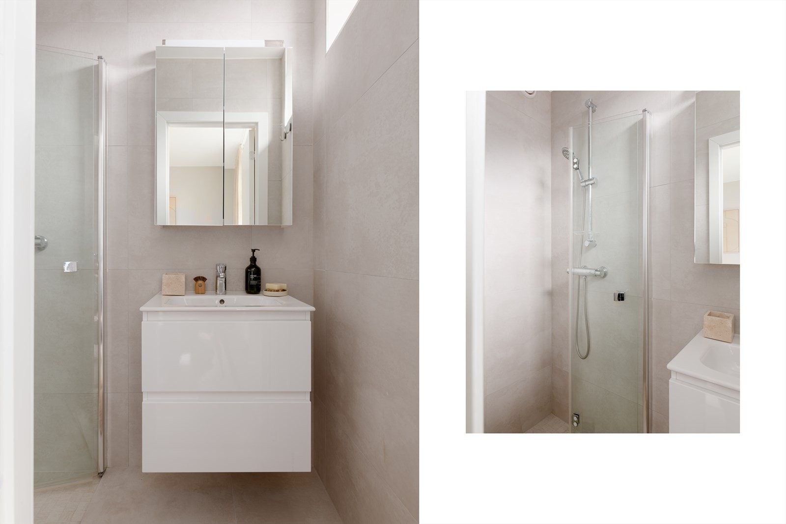 Badet oppleves romslig og lyst, med tidløse fliser på vegger og gulv. Innredning består av servant og dusjhjørne med dusj rett på flis. Galleribilde