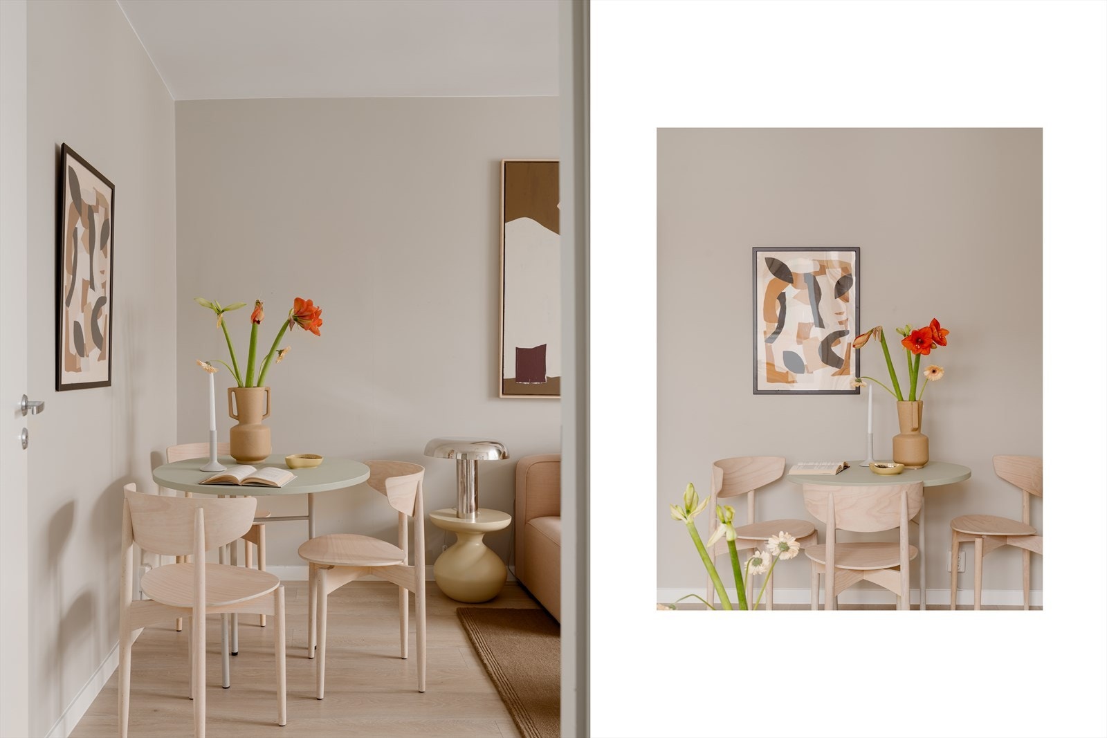 Spisegruppen finner sin naturlige plass i hjørnet. Her er det god plass til å utvide bordet og dekke på til flere gjester. Galleribilde