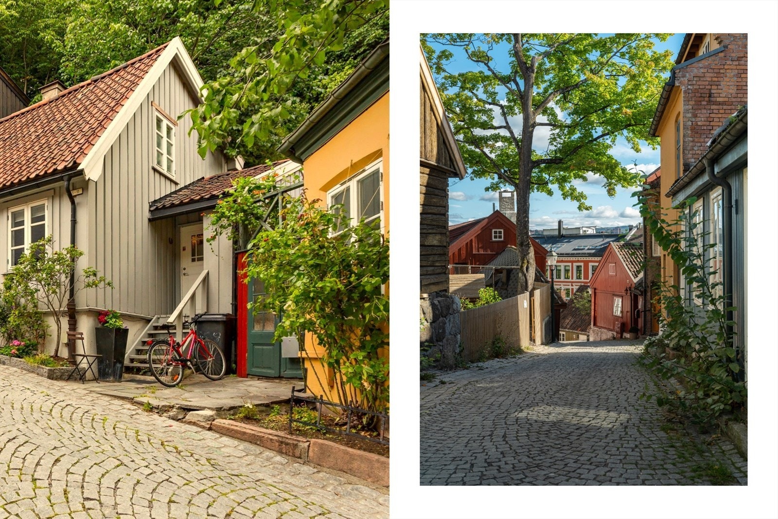 Koselige Damsredet med brosteinsgater og trehusbebyggelse. Galleribilde