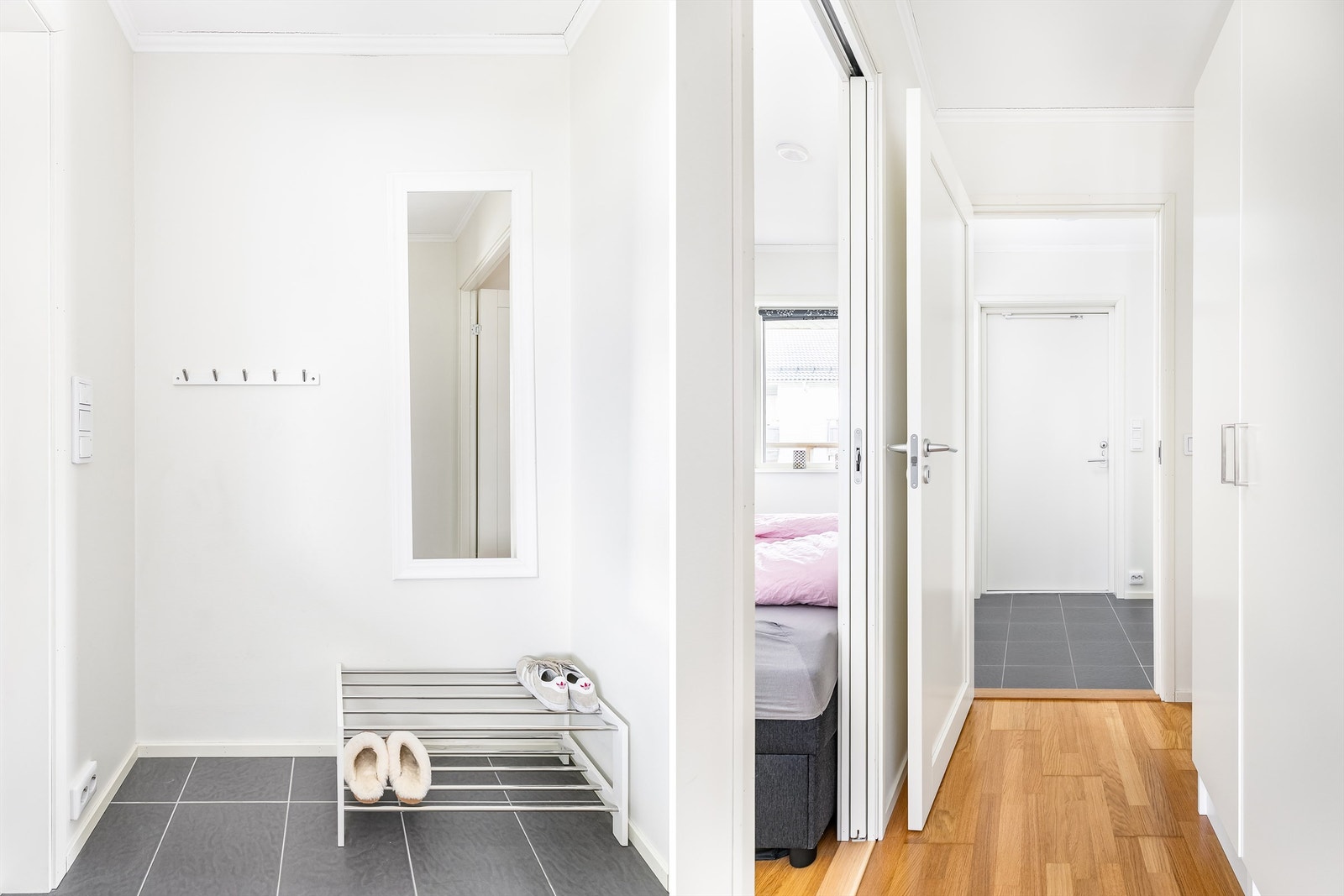 To plassbesparende skyvedører gir tilgang til hver sin side av dobbeltsengen; én fra gangen, én fra entreen. Galleribilde