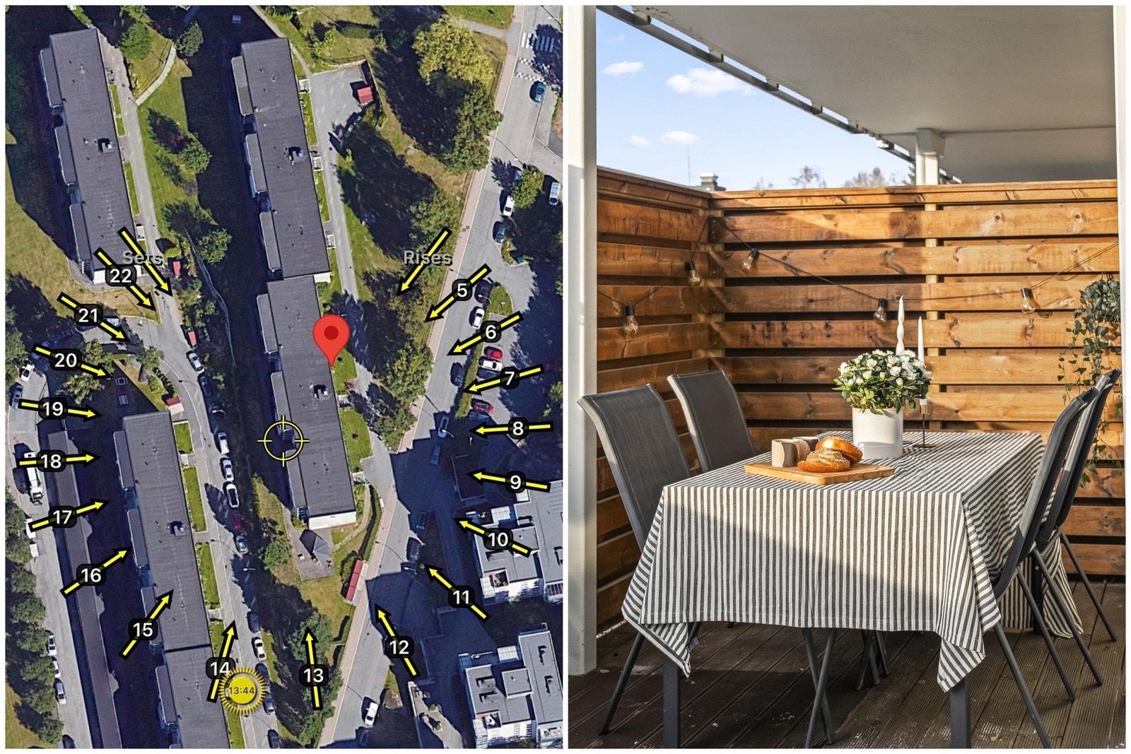 En motorisert markise gir solskjerming ved behov - og noe av terrassen er overbygget slik at man også kan sitte ute på varme dager, selv med yr i luften. Galleribilde