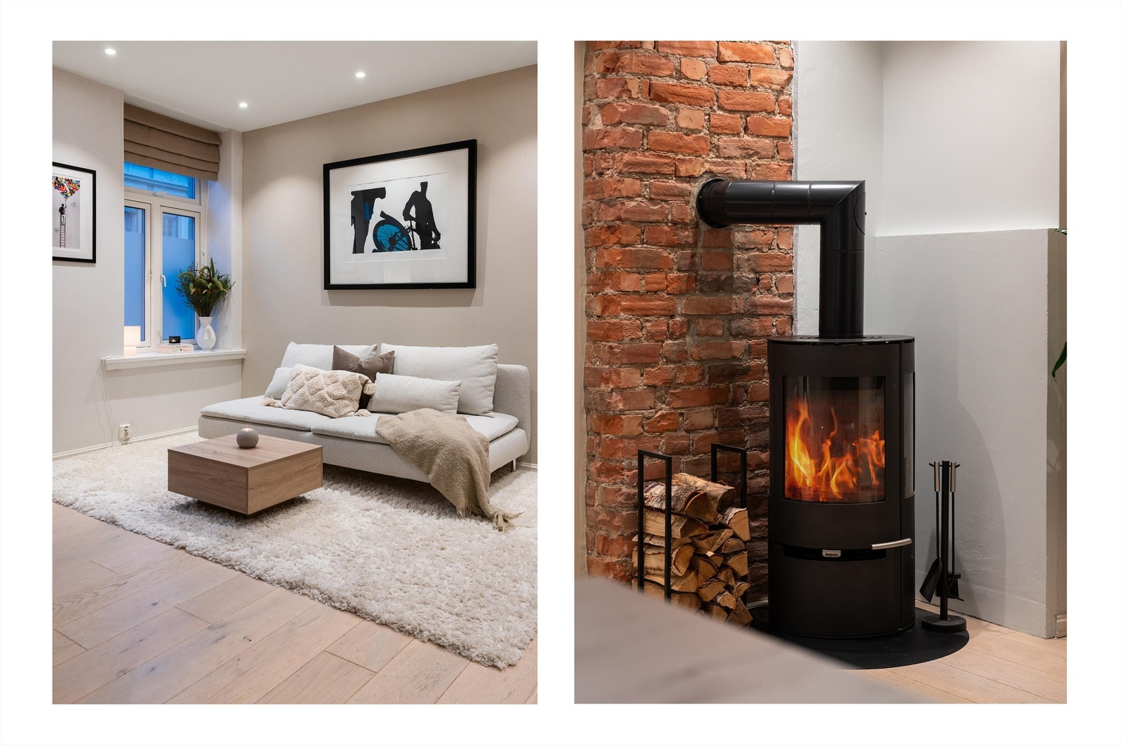 Peisen bidrar med behagelig varme og skaper en lun og hyggelig atmosfære i stuen, særlig på kjølige kvelder. Galleribilde