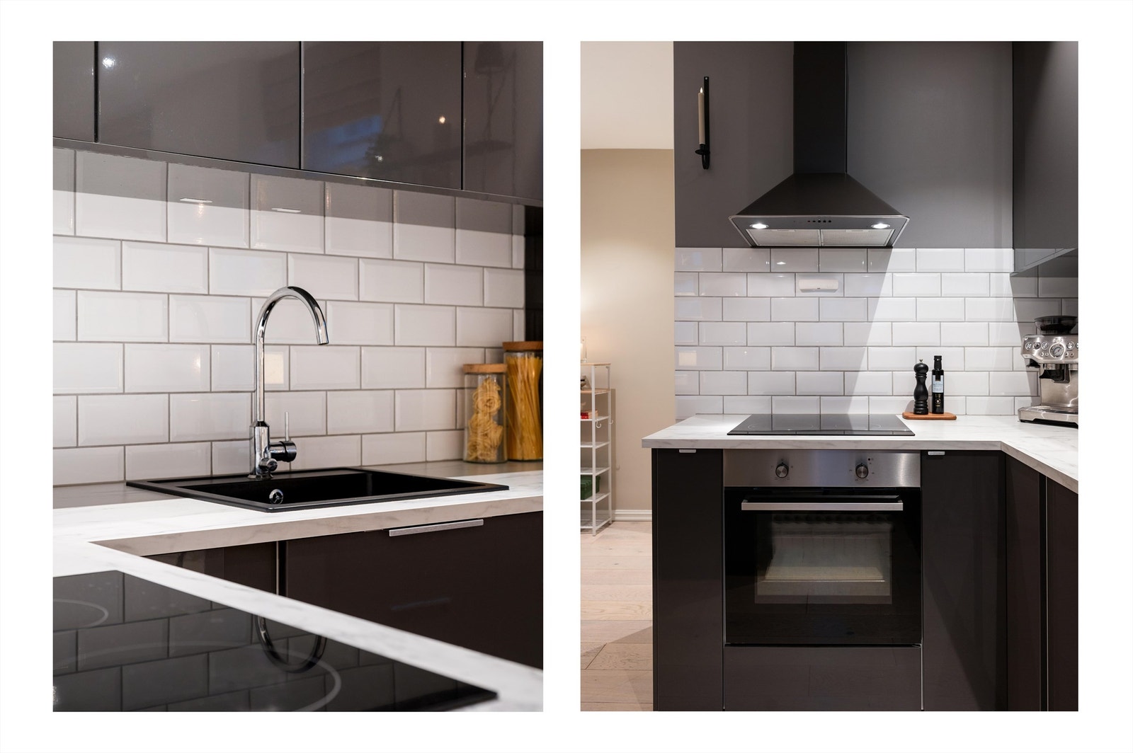 Fliser mellom benk og overskap, samt water-guard og komfyrvakt montert. Galleribilde