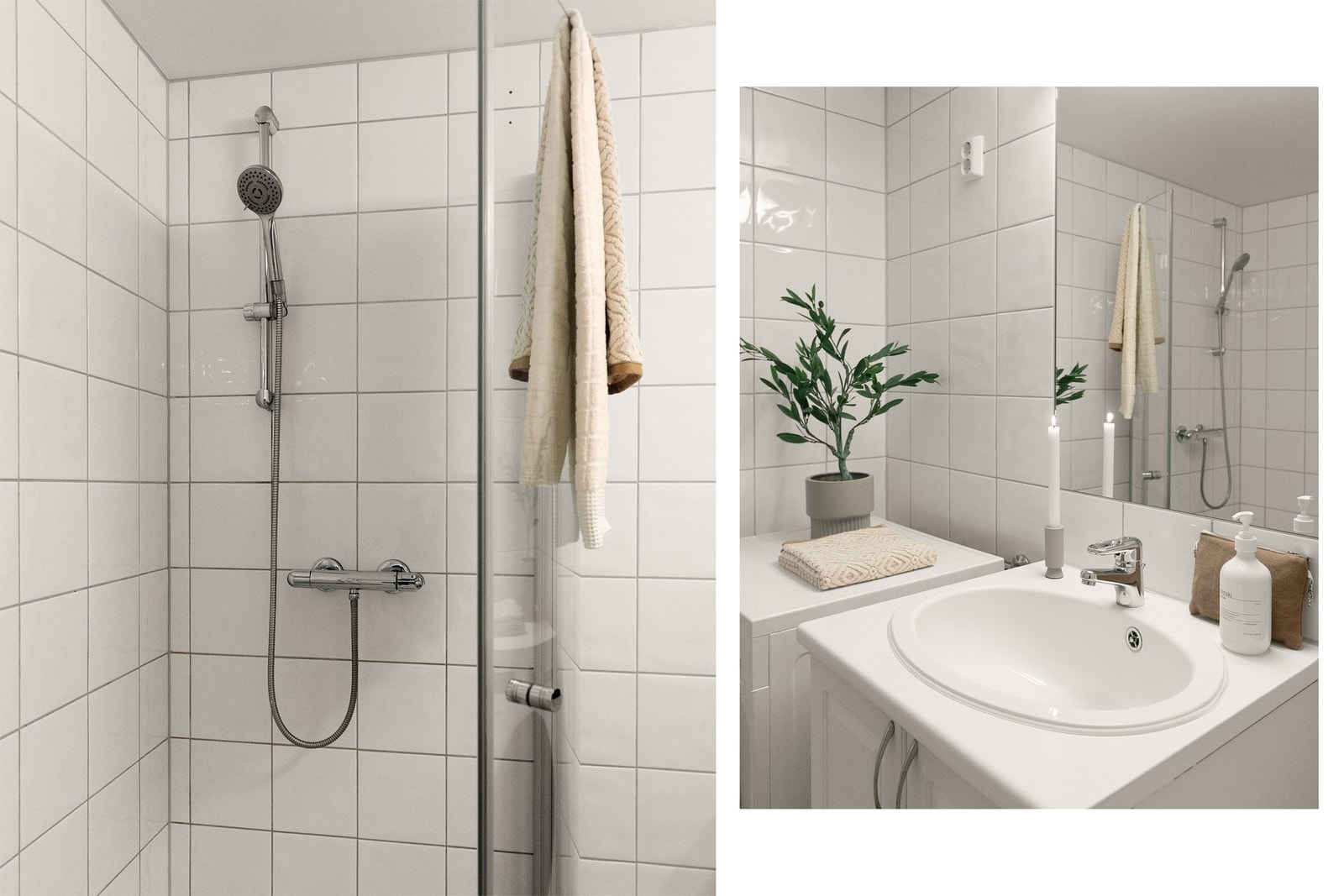 Videre inneholder baderommet servantskap med profilerte fronter, benkeplate med nedfelt servant, innmurt speil med lysarmatur på vegg, veggmontert klosett, samt dusjhjørne med buede svingdører og termostatstyrt blandebatteri. Galleribilde