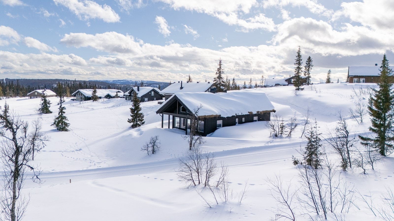 Om vinteren er det bare å spenne på seg skiene, for nærmeste skiløype finner en ca. 10 m fra hytta! Galleribilde