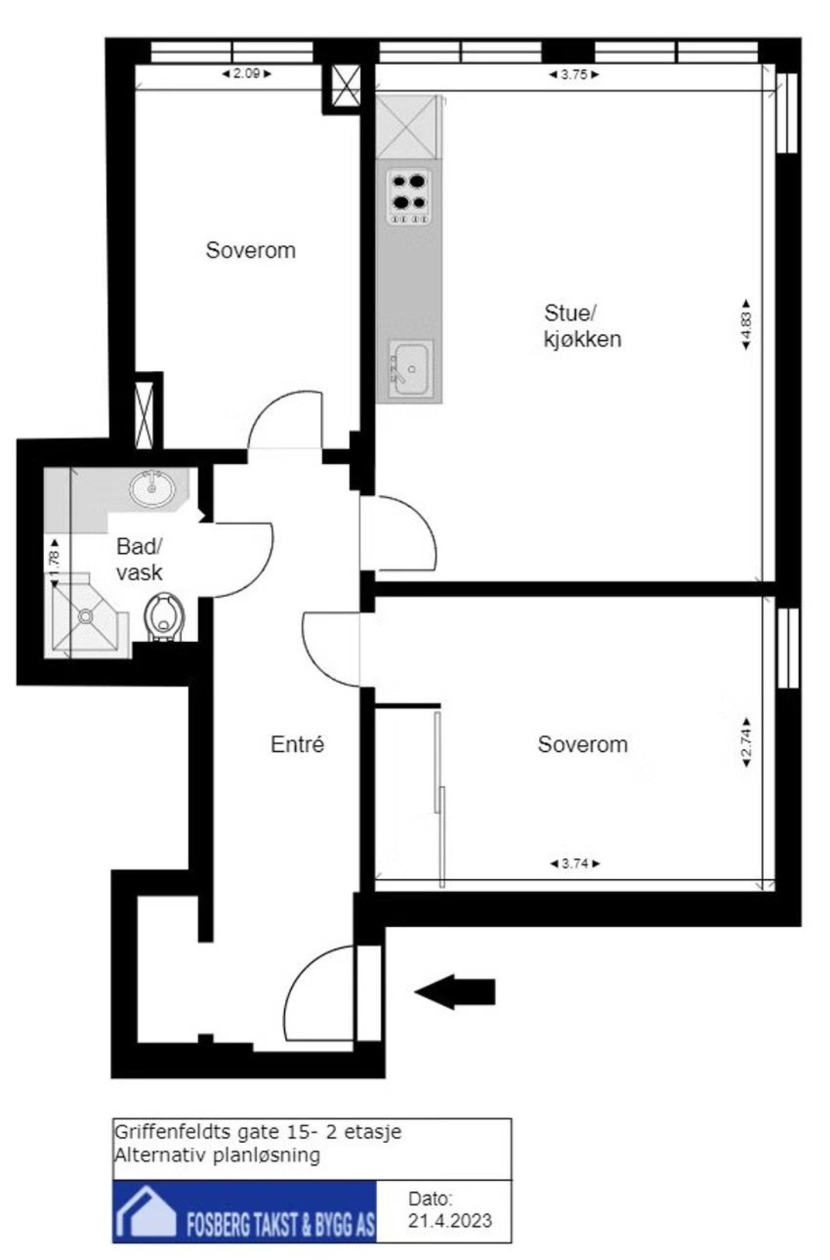 Alternativ plantegning - Tilsvarende leiligheter i bygget har omgjort til denne løsningen (pumpe). Megler og selger har ikke sjekket faktiske forhold eller om styret må samtykke. Galleribilde