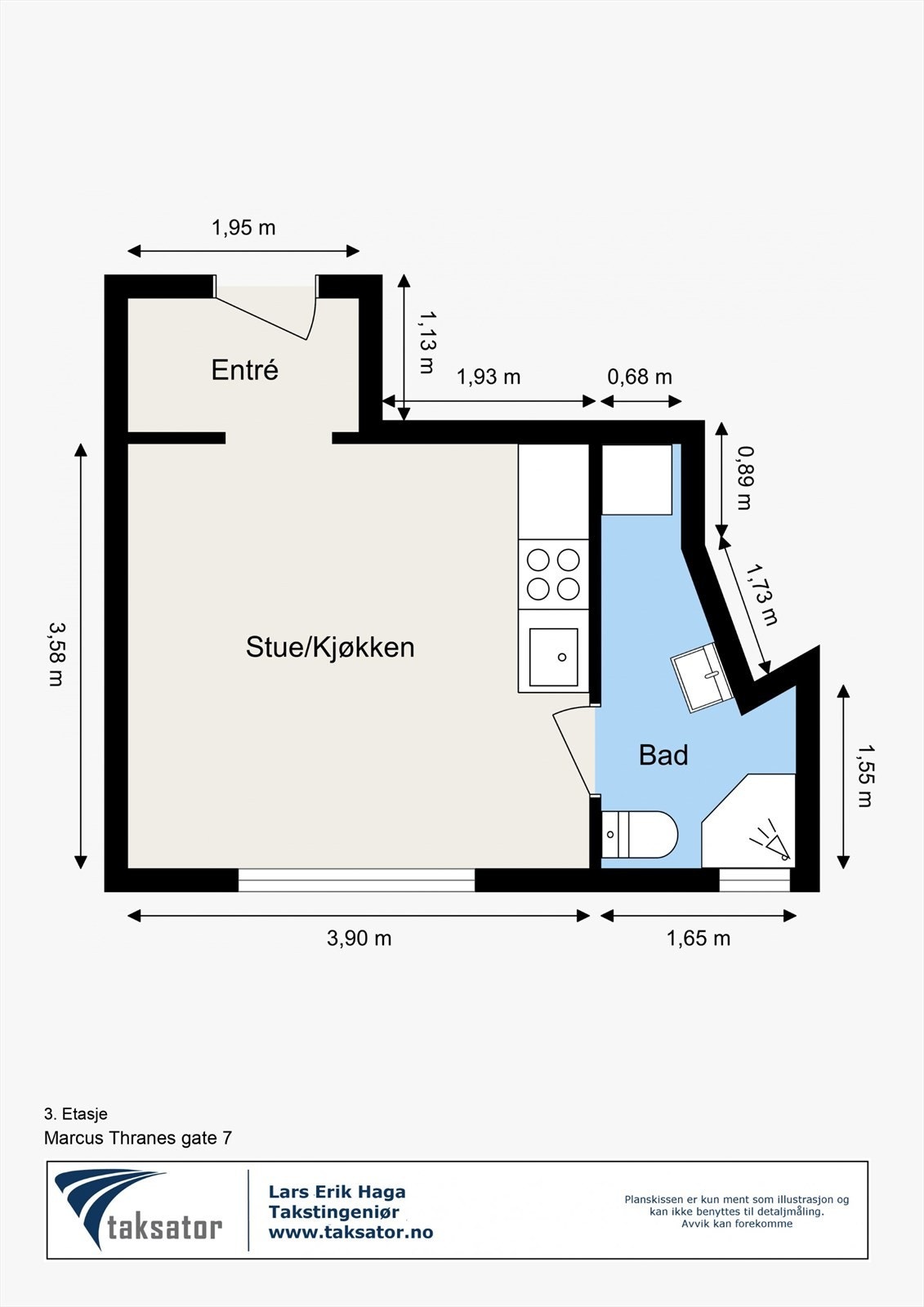 Plantegning - Leiligheten inneholder entré, stue/kjøkken og bad Galleribilde
