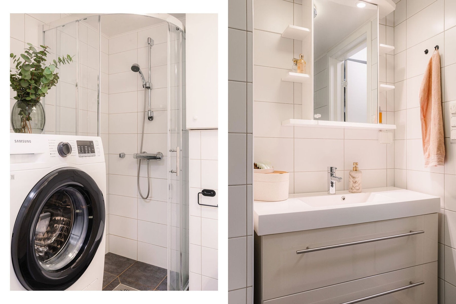 Rommet inneholder benke- og veggskap, speil og belysning over servant, samt dusj med innfellbare dører og veggfestet klosett. Galleribilde