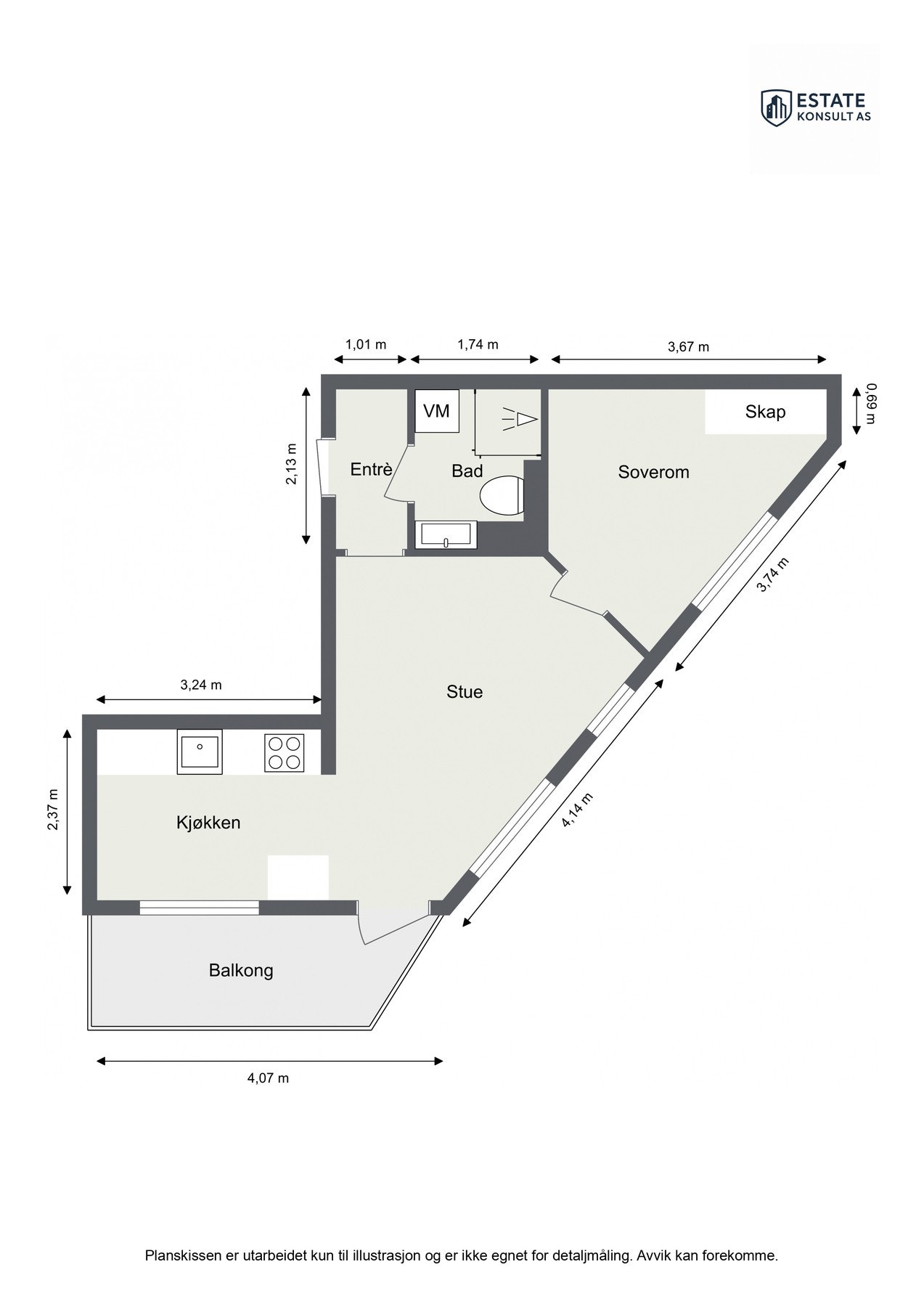 Vi starter med å ta en titt på planskissen. I tillegg til innvendige arealer disponerer leiligheten en kjellerbod på ca. 4 kvm. Galleribilde
