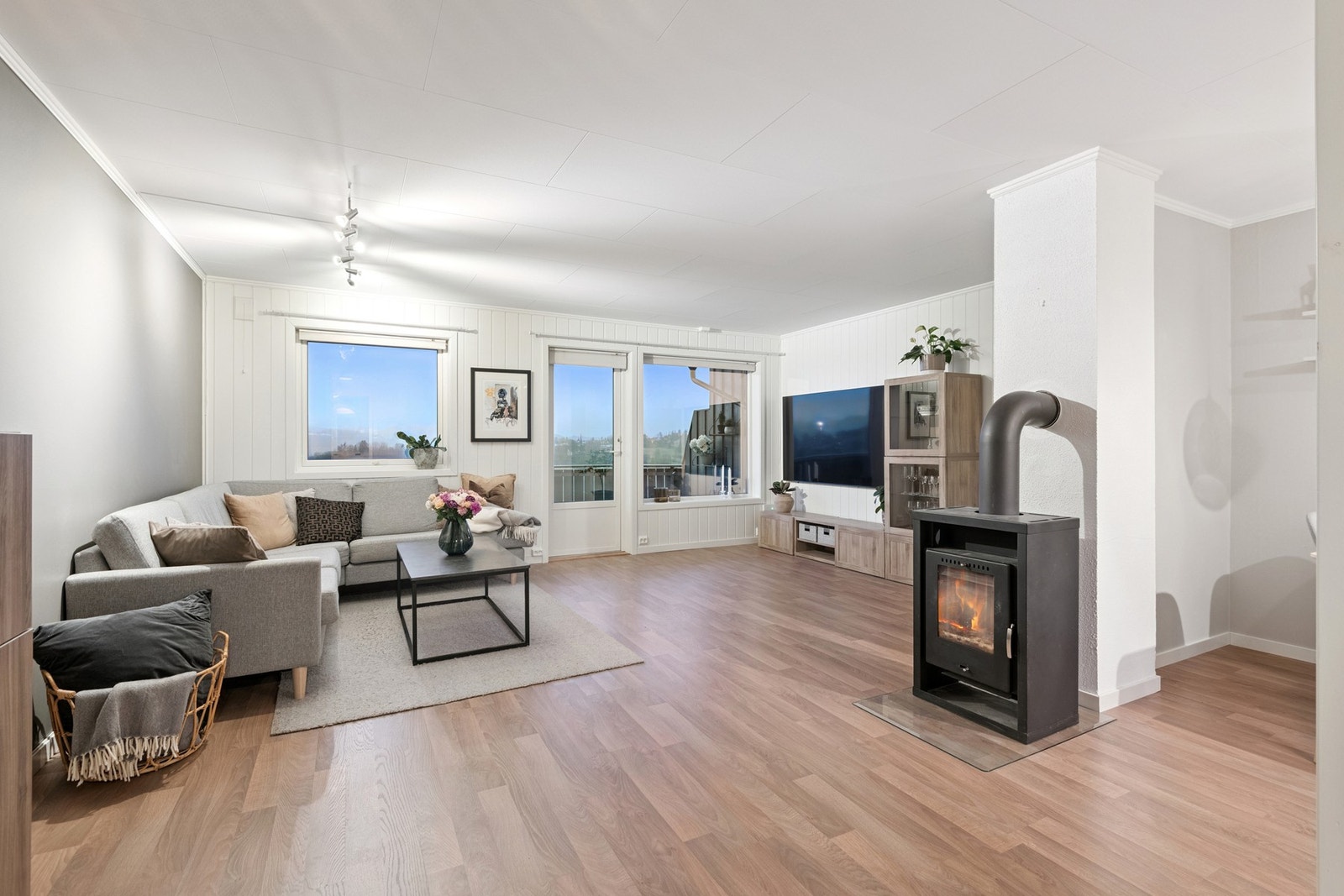 Romslig stue med vedfyring og utgang til veranda. Galleribilde